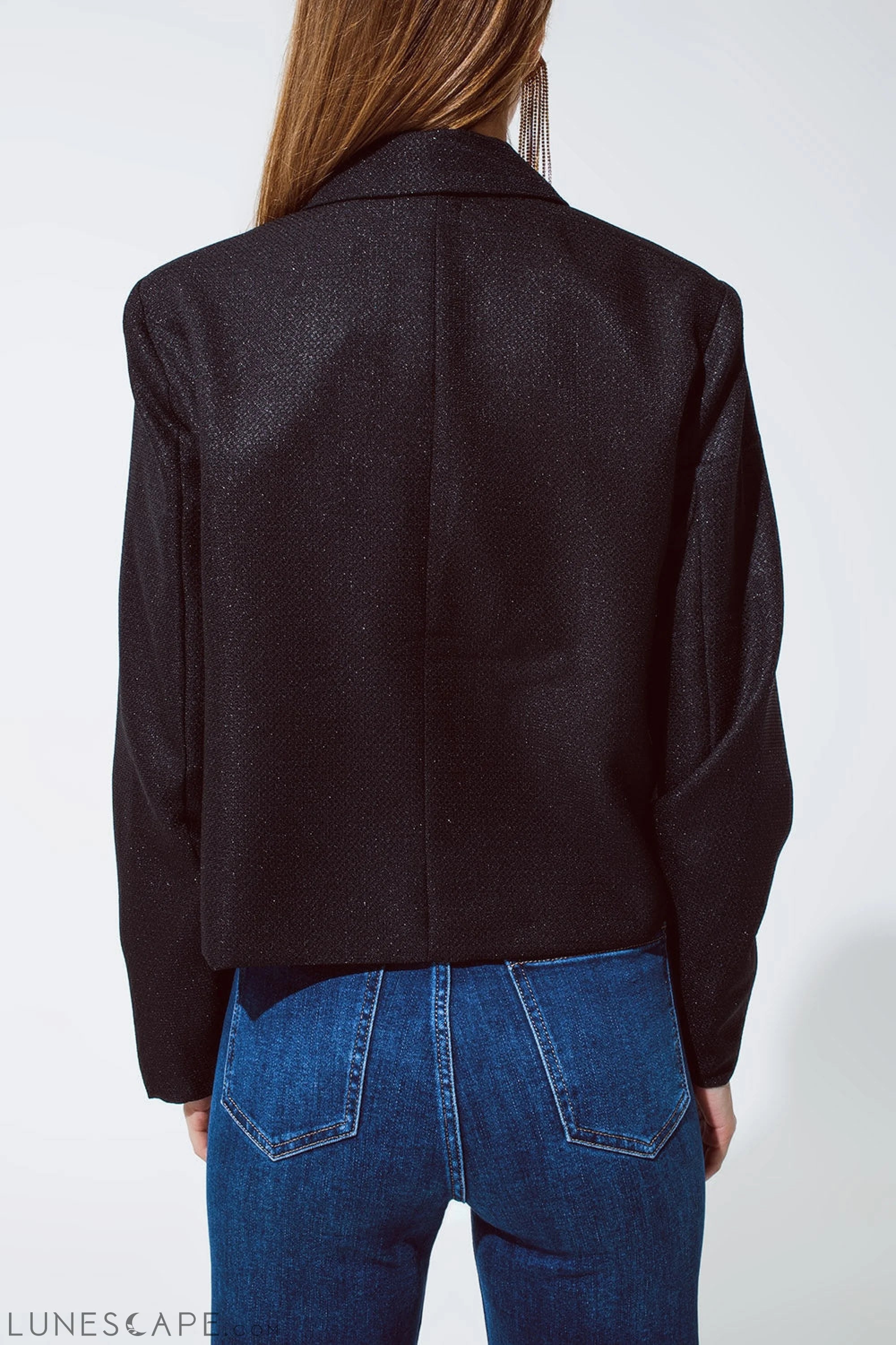 Oversized Cropped Blazer Vichy Design and Metallic Details in Black LUNESCAPE