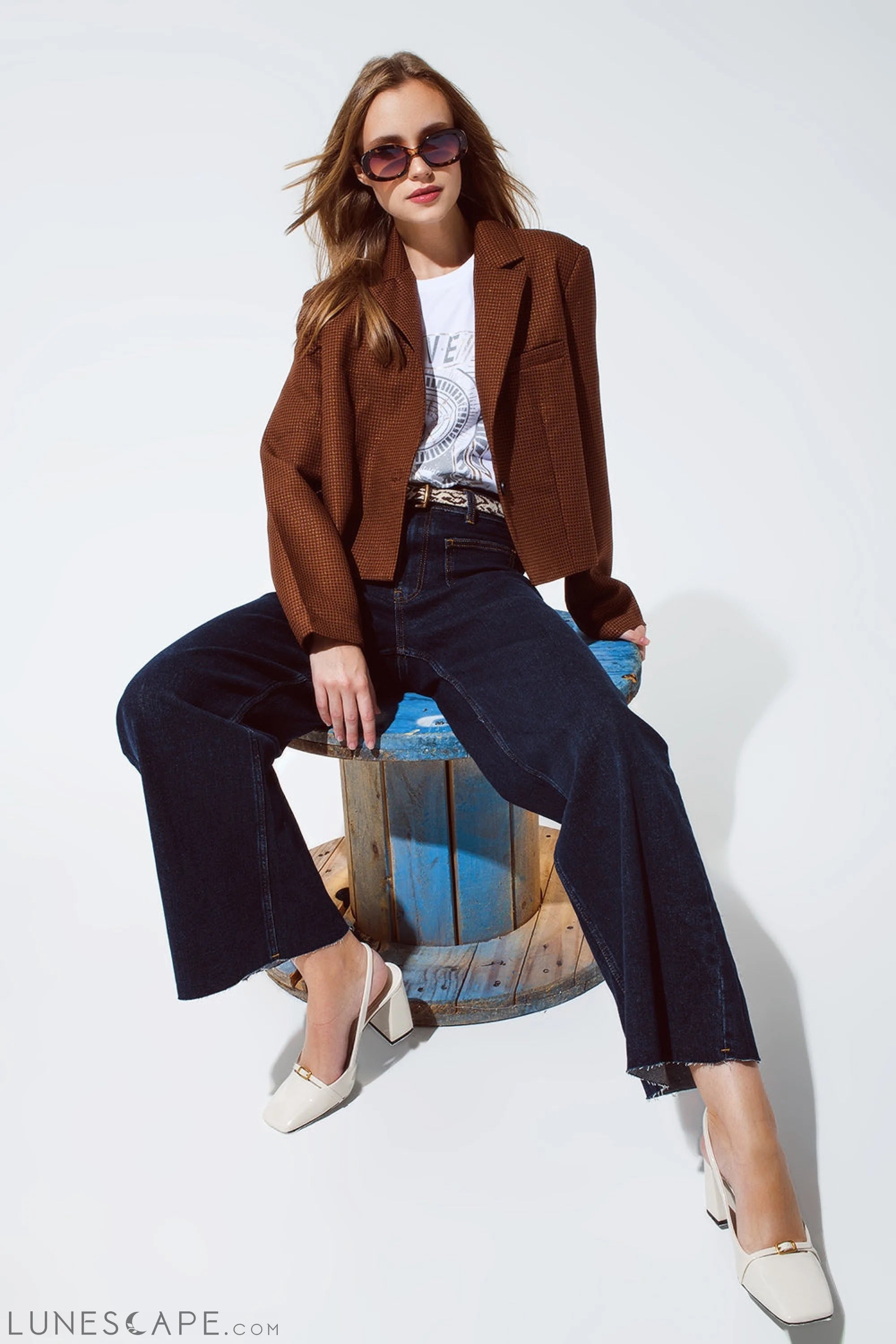 Oversized Cropped Blazer Vichy Design and Metallic Details in Brown LUNESCAPE