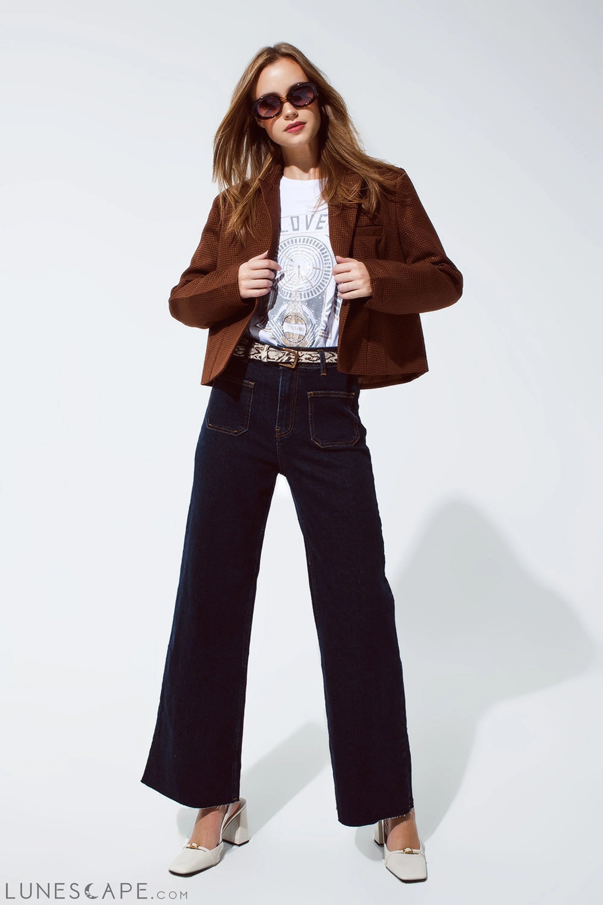 Oversized Cropped Blazer Vichy Design and Metallic Details in Brown LUNESCAPE