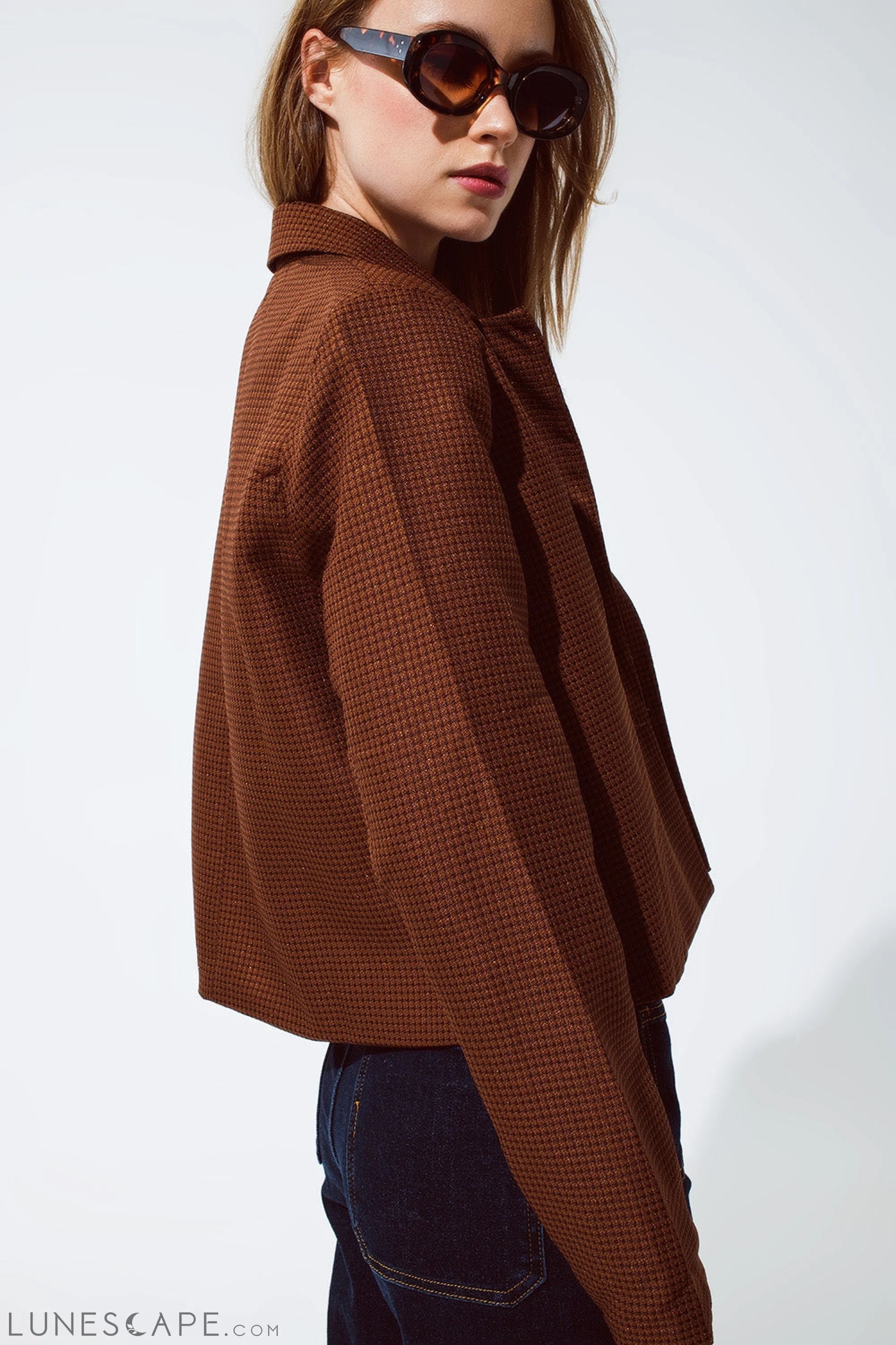 Oversized Cropped Blazer Vichy Design and Metallic Details in Brown LUNESCAPE