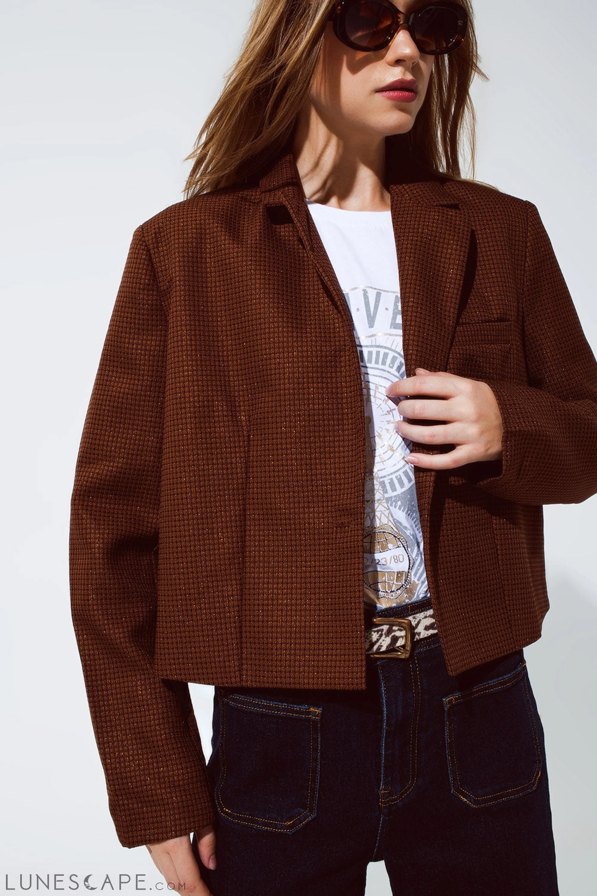 Oversized Cropped Blazer Vichy Design and Metallic Details in Brown LUNESCAPE