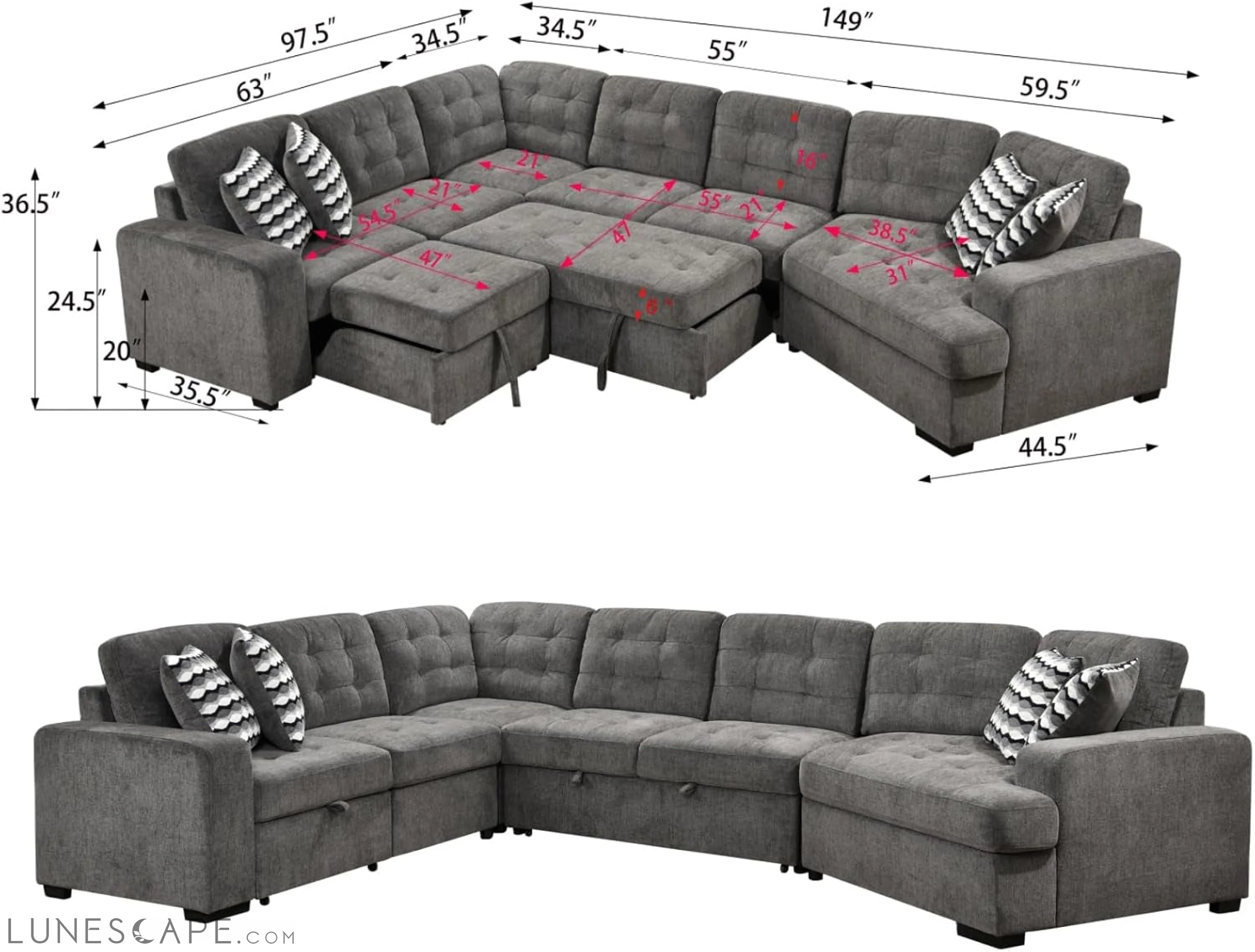 Oversized Sectional Sleeper Sofa with Chaise LUNESCAPE