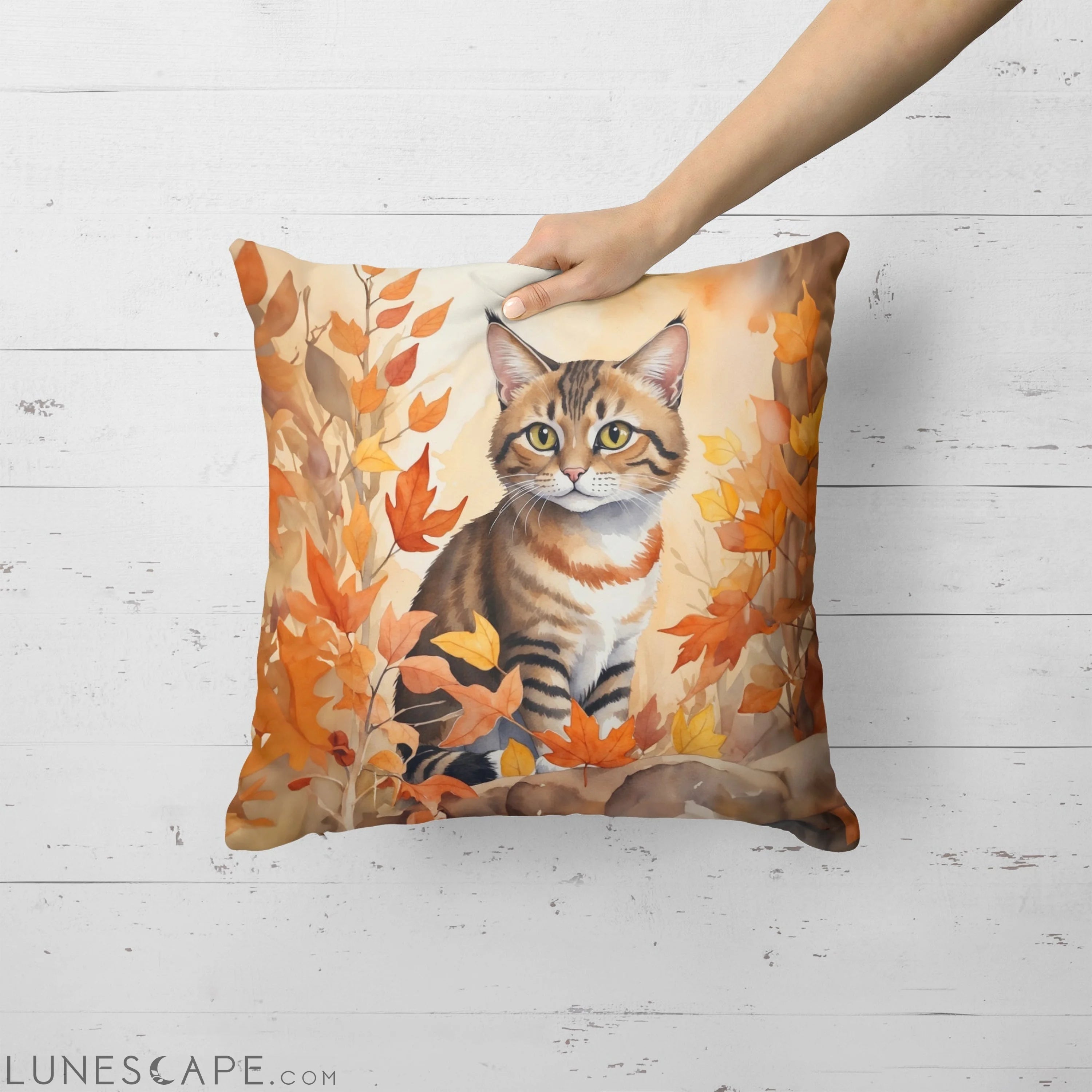 Owyhee Bob Cat in Fall Autumn Leaves Throw Pillow LUNESCAPE