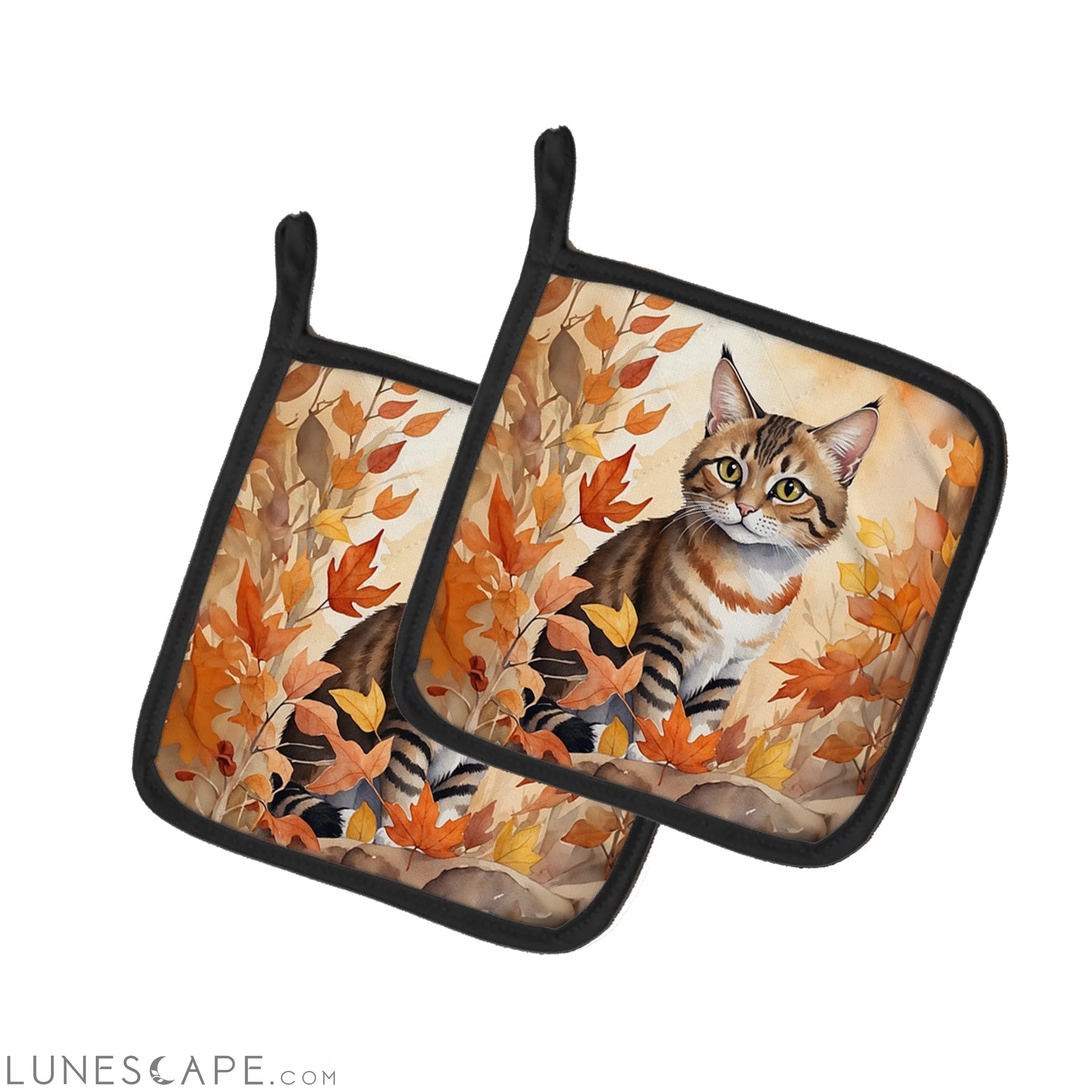 Owyhee Bob Cat in Fall Leaves Pair of Pot Holders LUNESCAPE