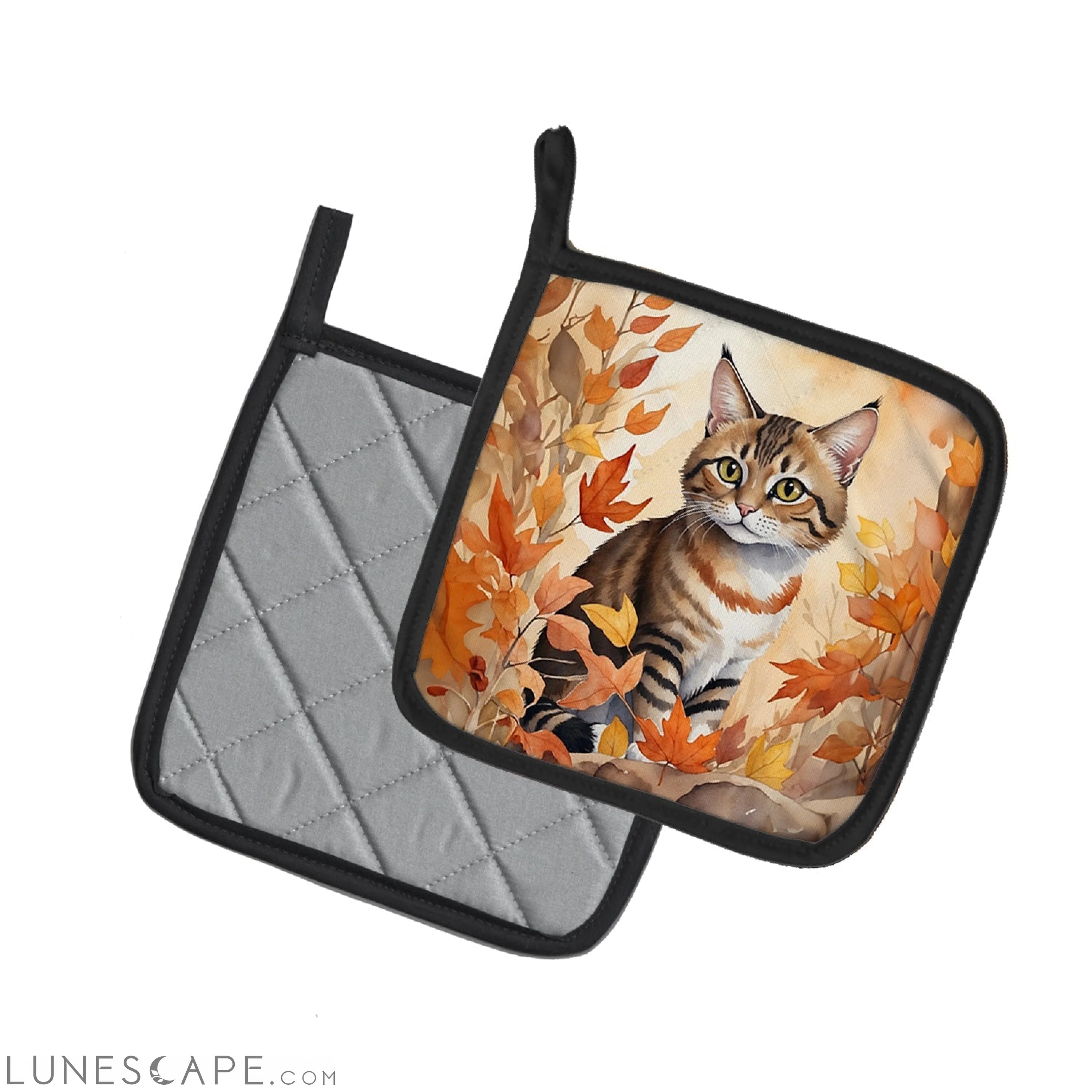 Owyhee Bob Cat in Fall Leaves Pair of Pot Holders LUNESCAPE