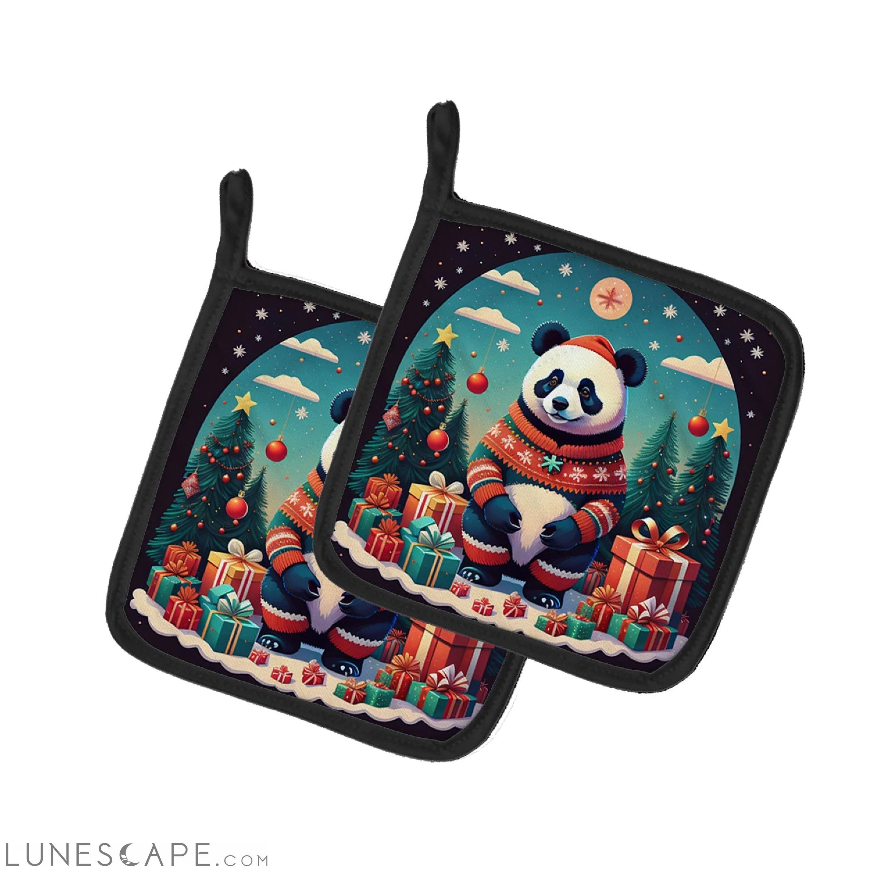 Panda Christmas Pair of Pot Holders LUNESCAPE