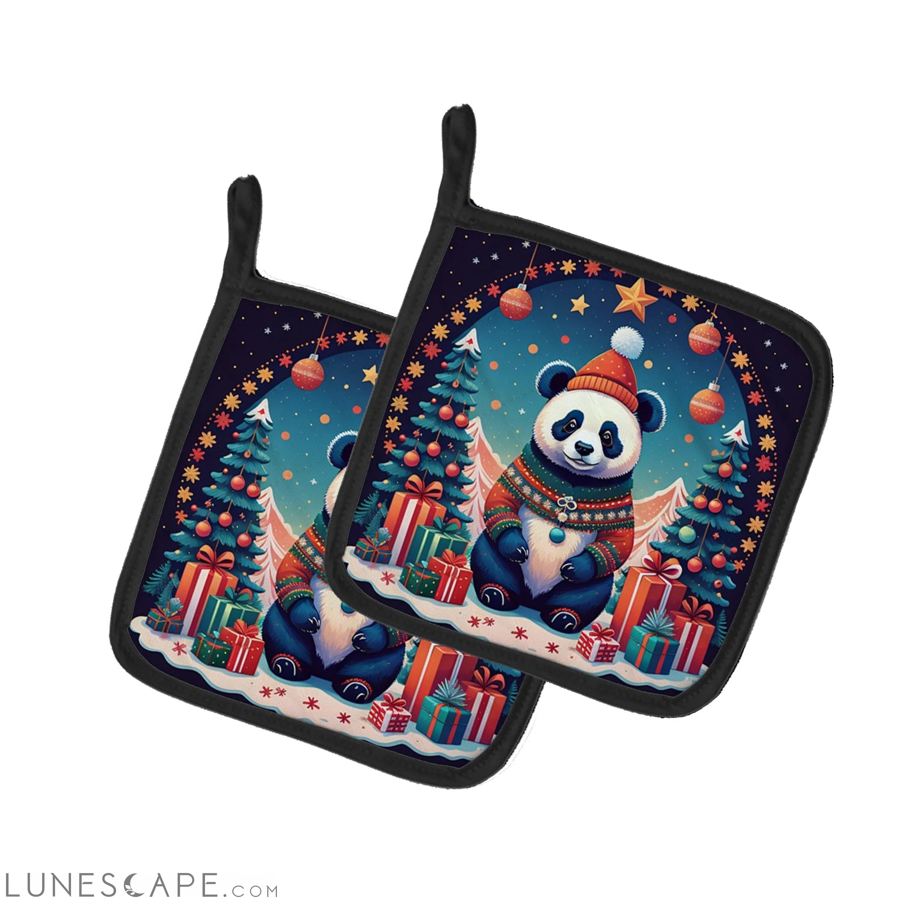 Panda Christmas Pair of Pot Holders LUNESCAPE