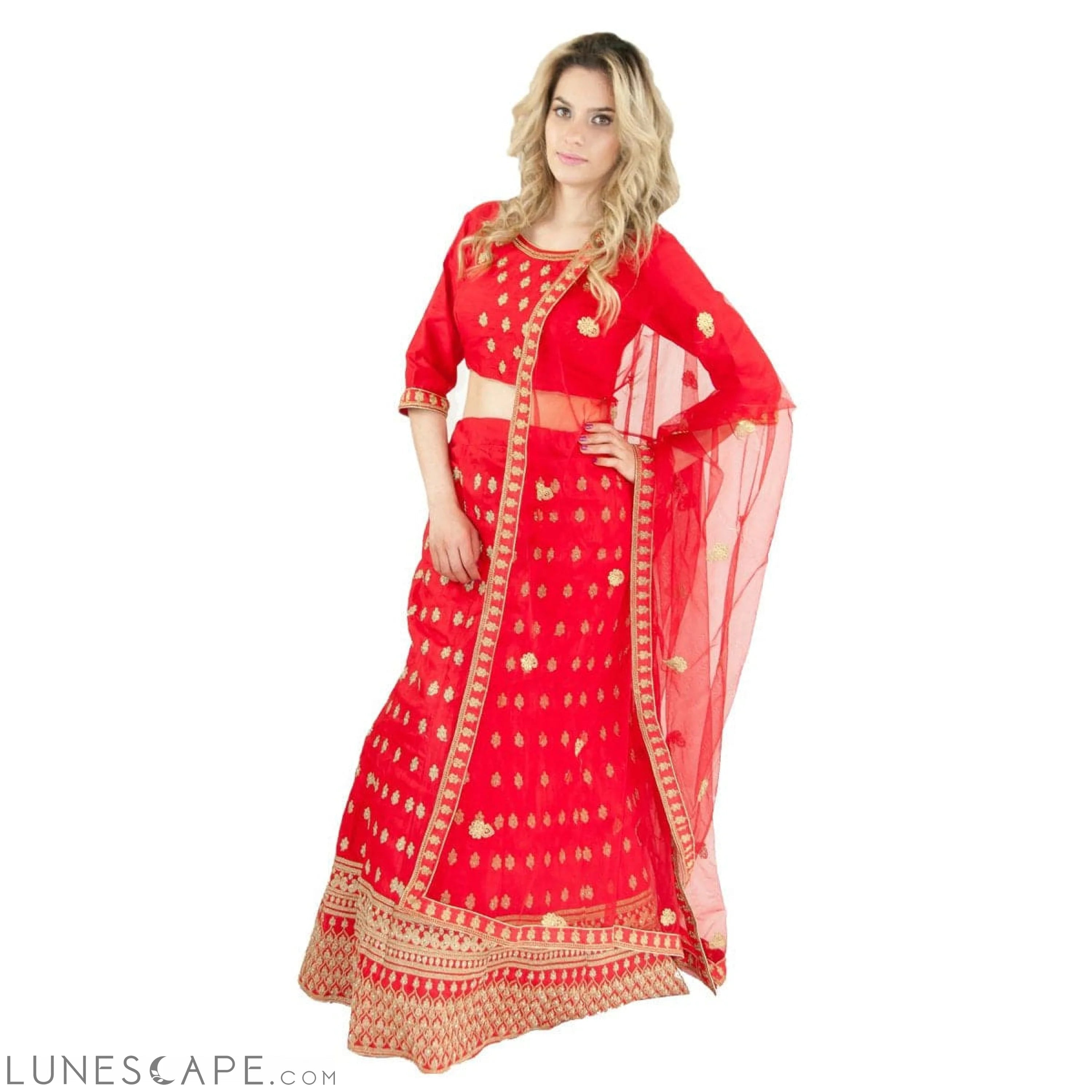 Party Lehenga in Silk -Red LUNESCAPE