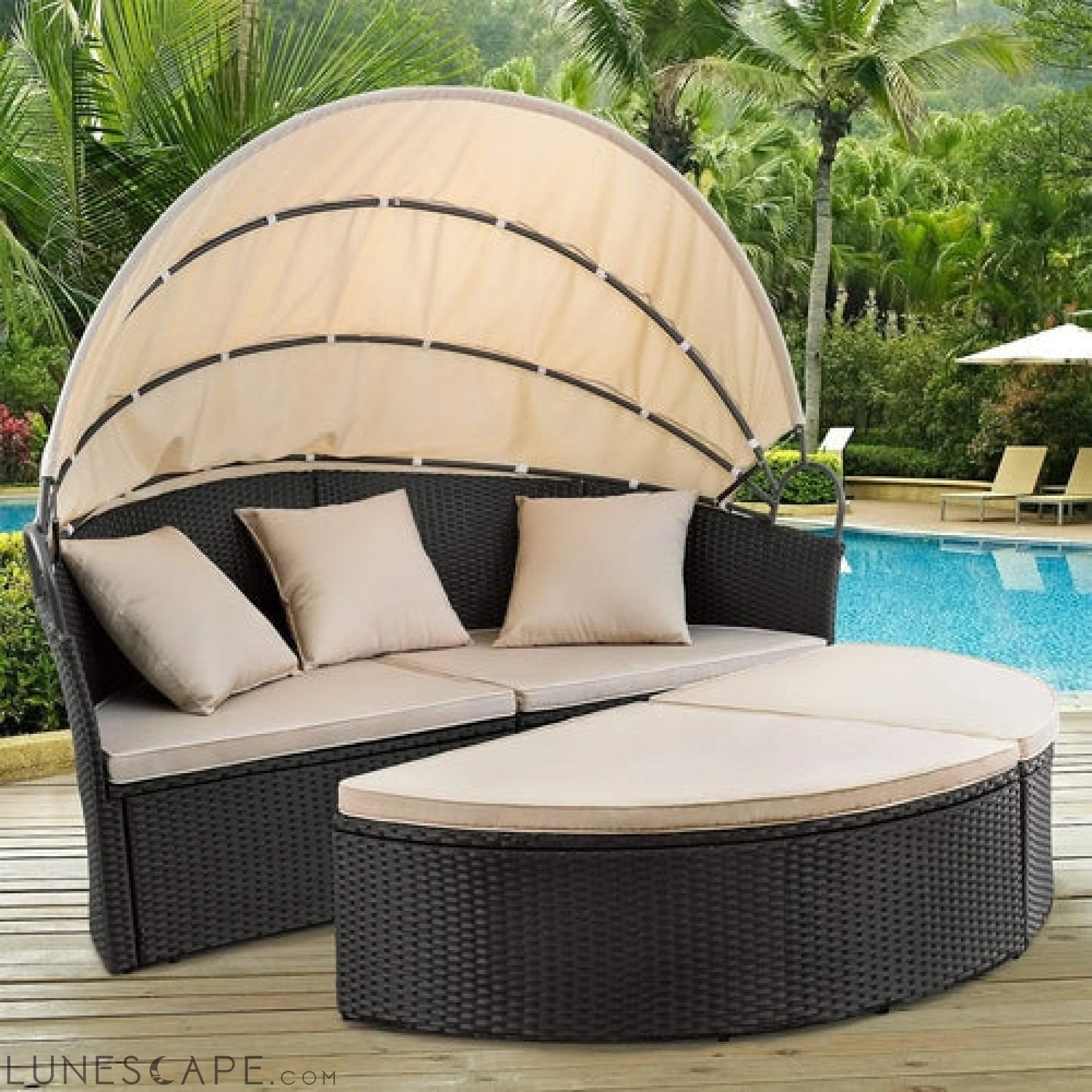 Patio Furniture Outdoor round Daybed with Retractable Canopy Wicker LUNESCAPE