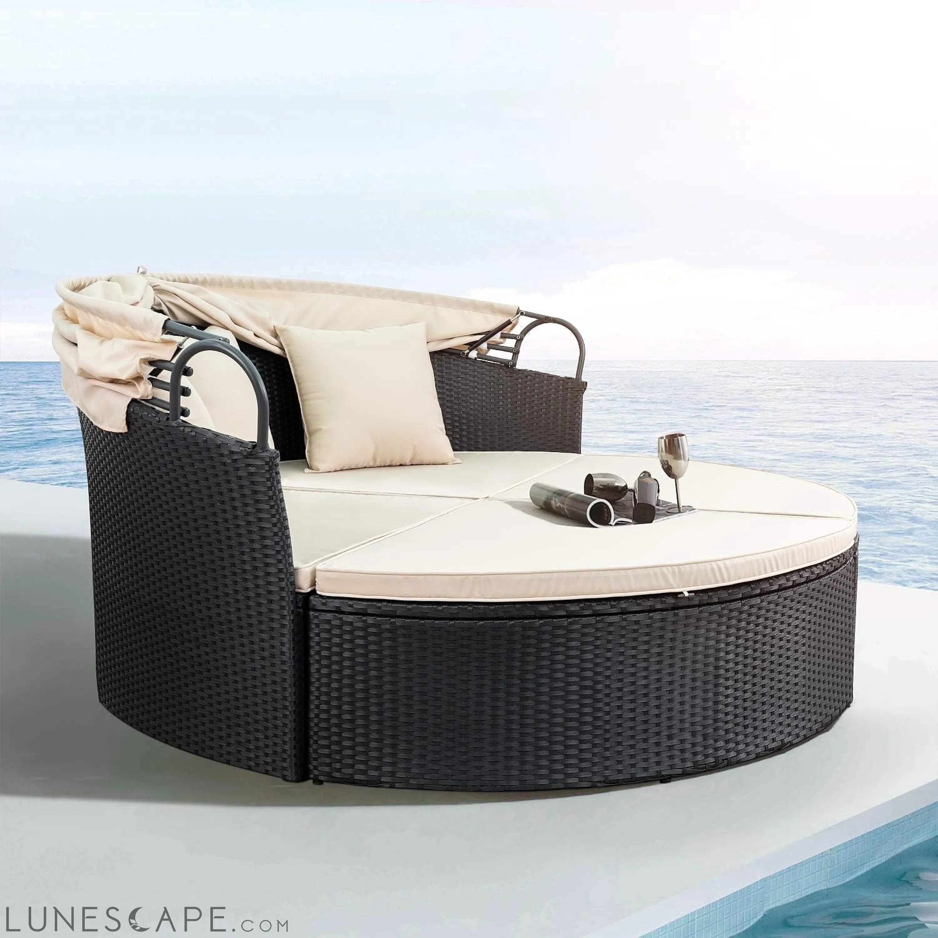 Patio Furniture Outdoor round Daybed with Retractable Canopy Wicker LUNESCAPE
