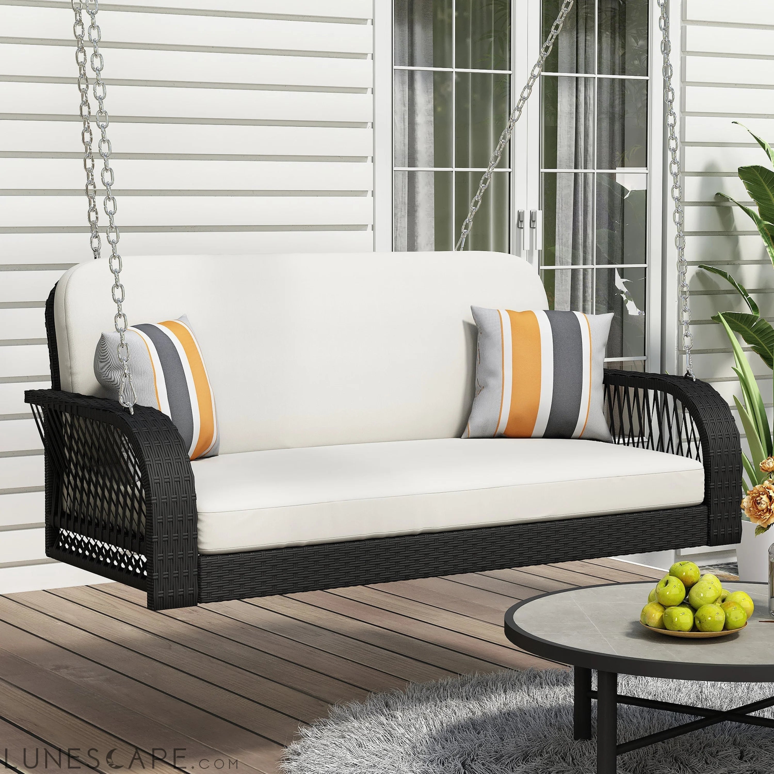 PE Wicker Porch Swing, 2-Seater Hanging Bench With Chains, Patio Furniture Swing for Backyard Garden Poolside, Black And LUNESCAPE