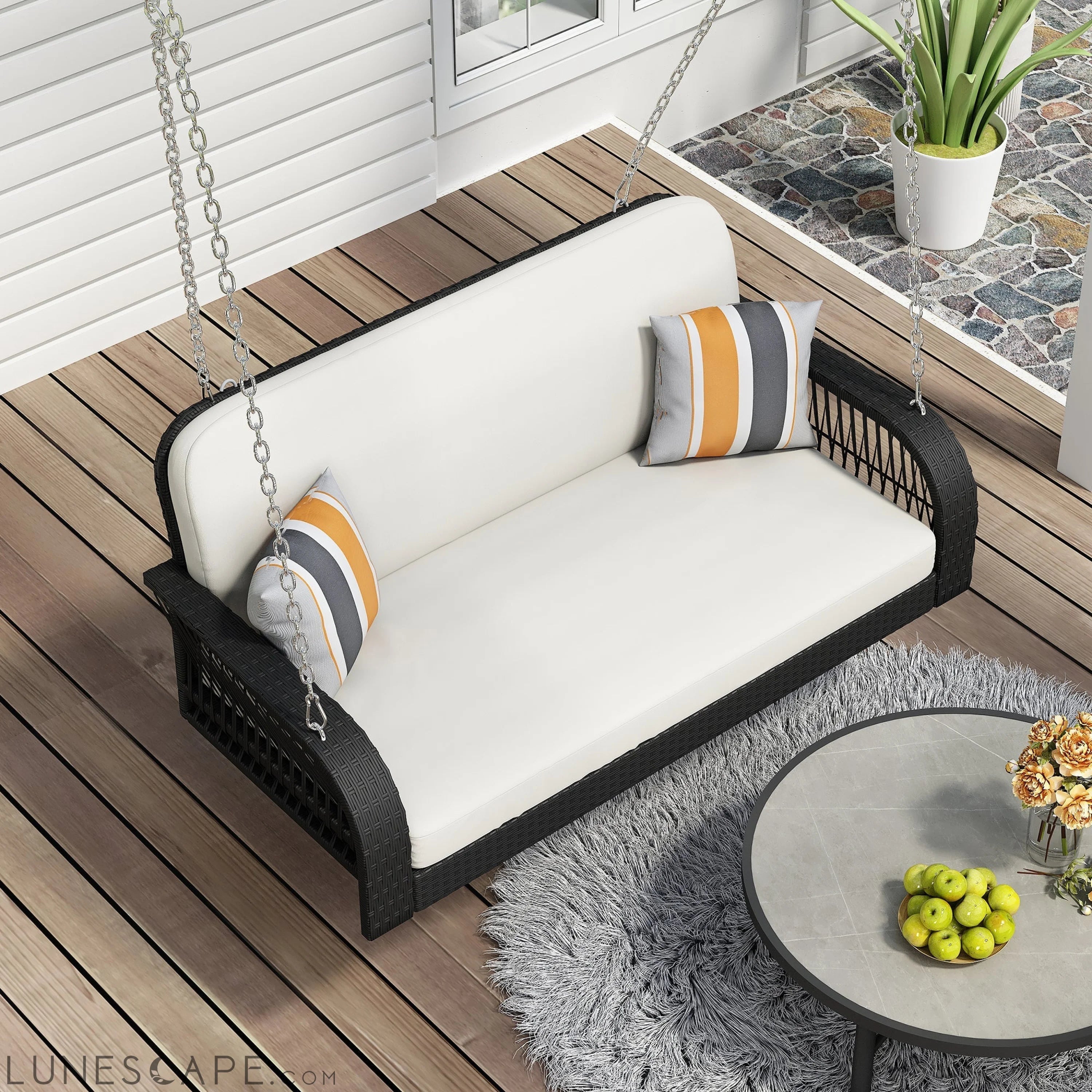 PE Wicker Porch Swing, 2-Seater Hanging Bench With Chains, Patio Furniture Swing for Backyard Garden Poolside, Black And LUNESCAPE