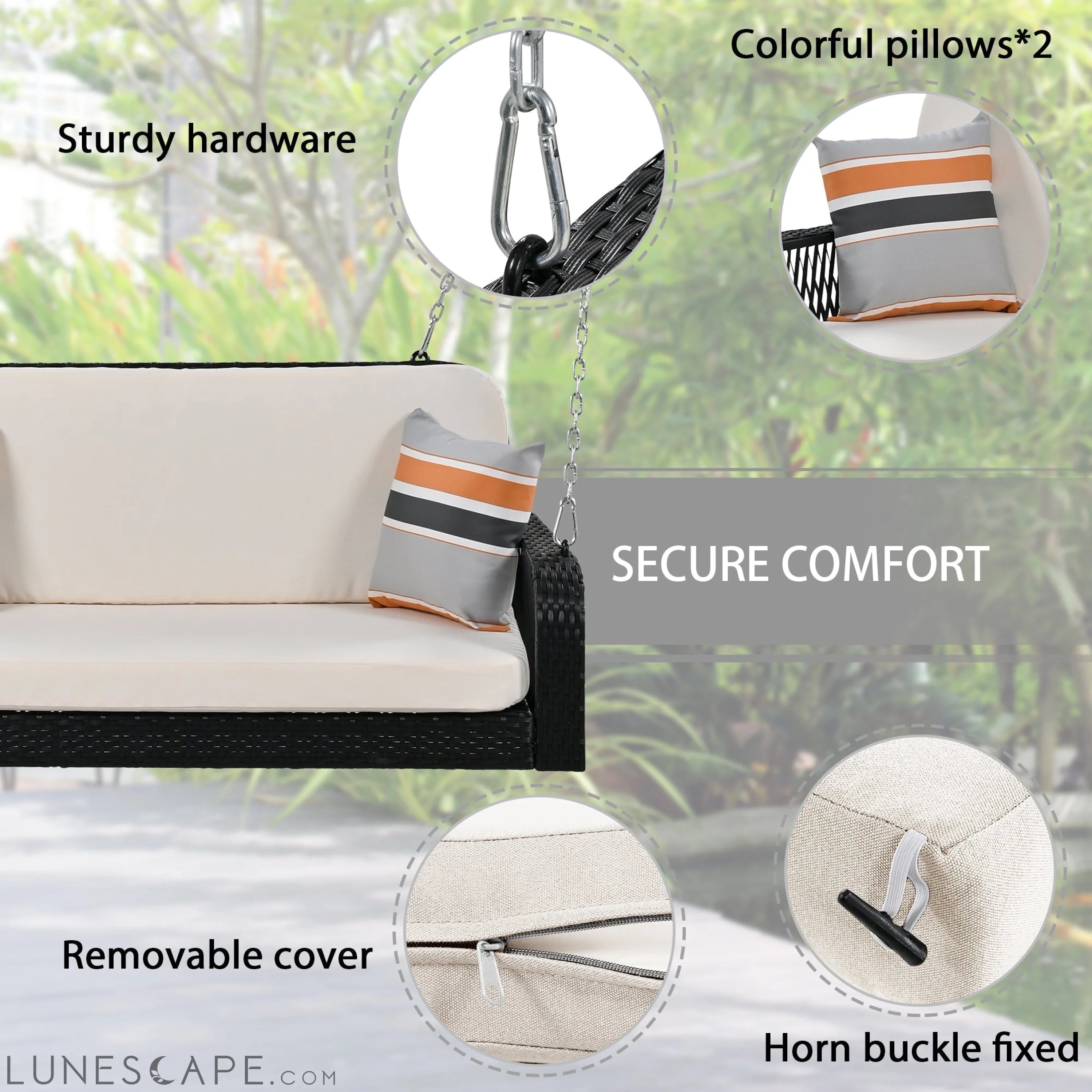 PE Wicker Porch Swing, 2-Seater Hanging Bench With Chains, Patio Furniture Swing for Backyard Garden Poolside, Black And LUNESCAPE