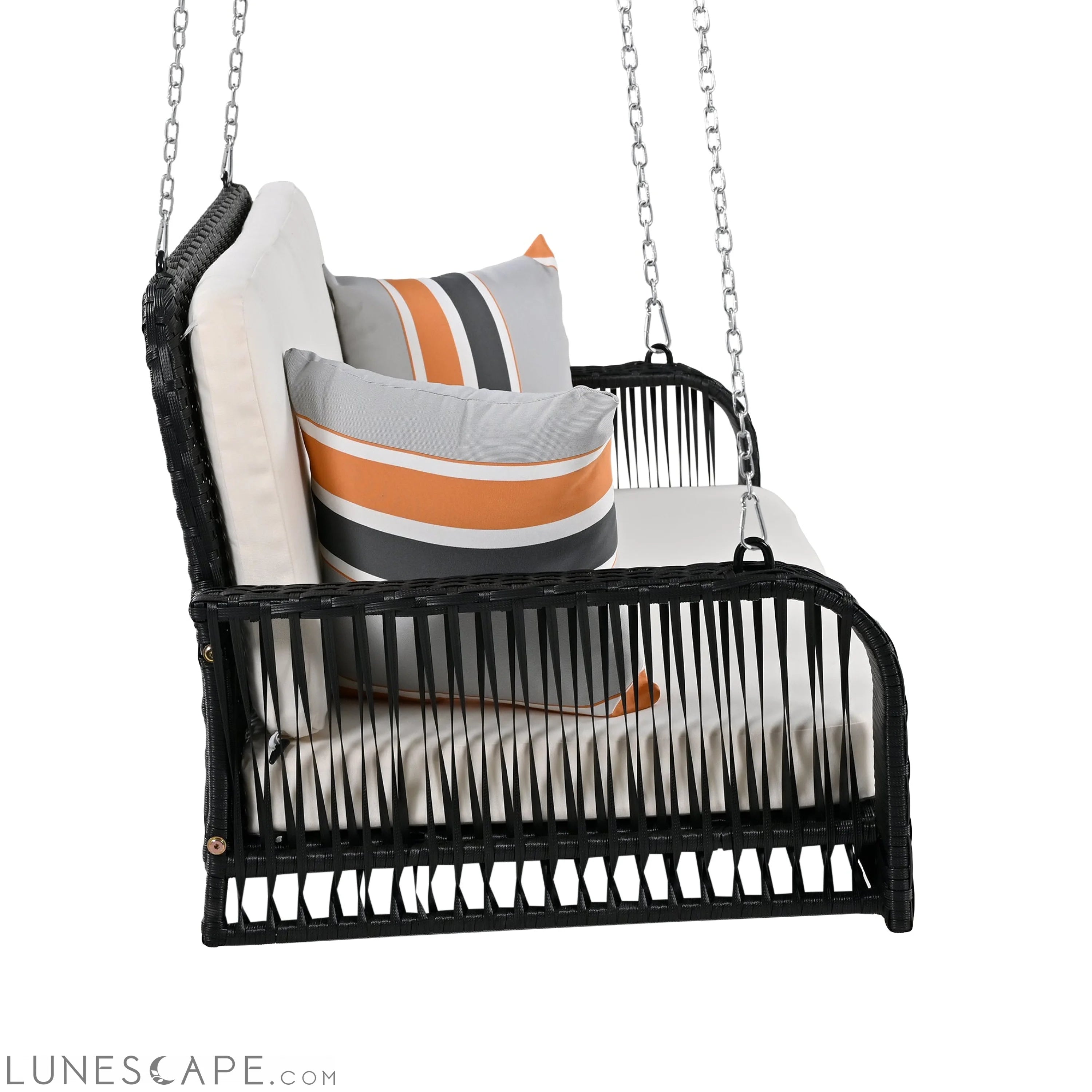 PE Wicker Porch Swing, 2-Seater Hanging Bench With Chains, Patio Furniture Swing for Backyard Garden Poolside, Black And LUNESCAPE
