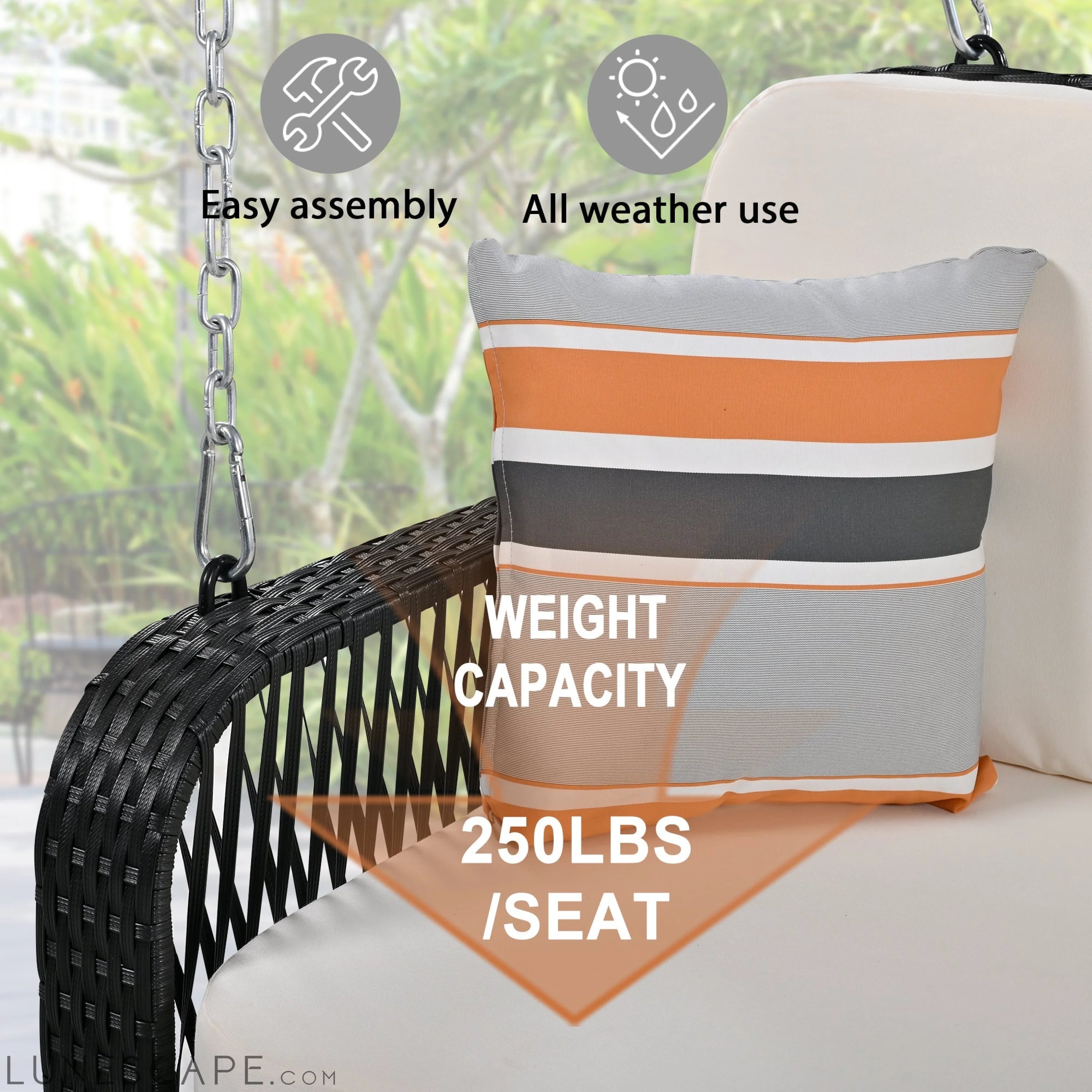 PE Wicker Porch Swing, 2-Seater Hanging Bench With Chains, Patio Furniture Swing for Backyard Garden Poolside, Black And LUNESCAPE