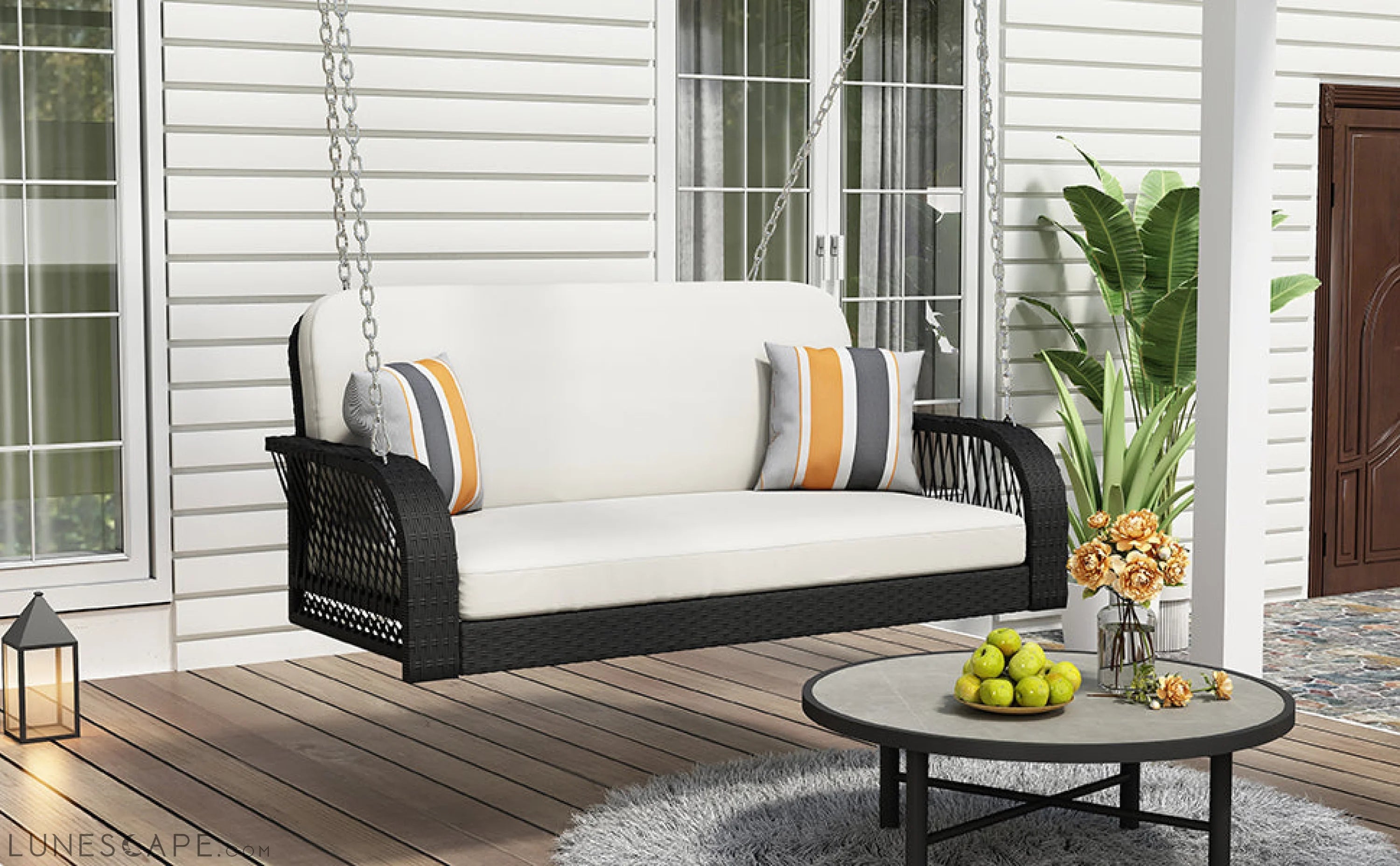 PE Wicker Porch Swing, 2-Seater Hanging Bench With Chains, Patio Furniture Swing for Backyard Garden Poolside, Black And LUNESCAPE