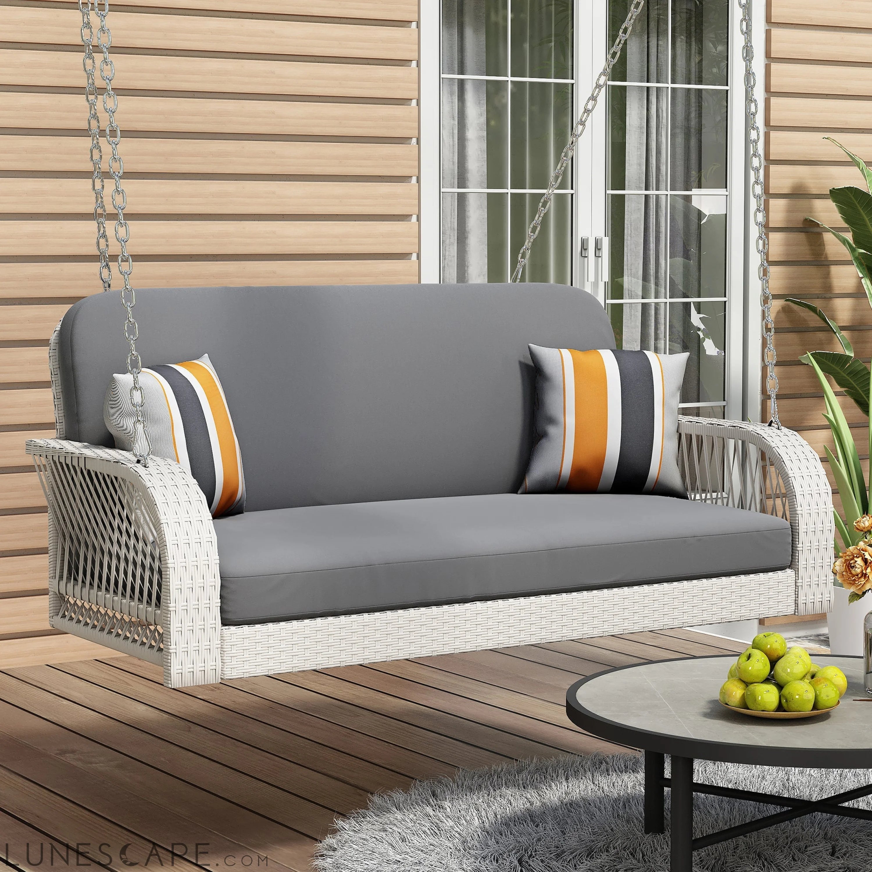 PE Wicker Porch Swing, 2-Seater Hanging Bench With Chains, Patio Furniture Swing for Backyard Garden Poolside, White And LUNESCAPE