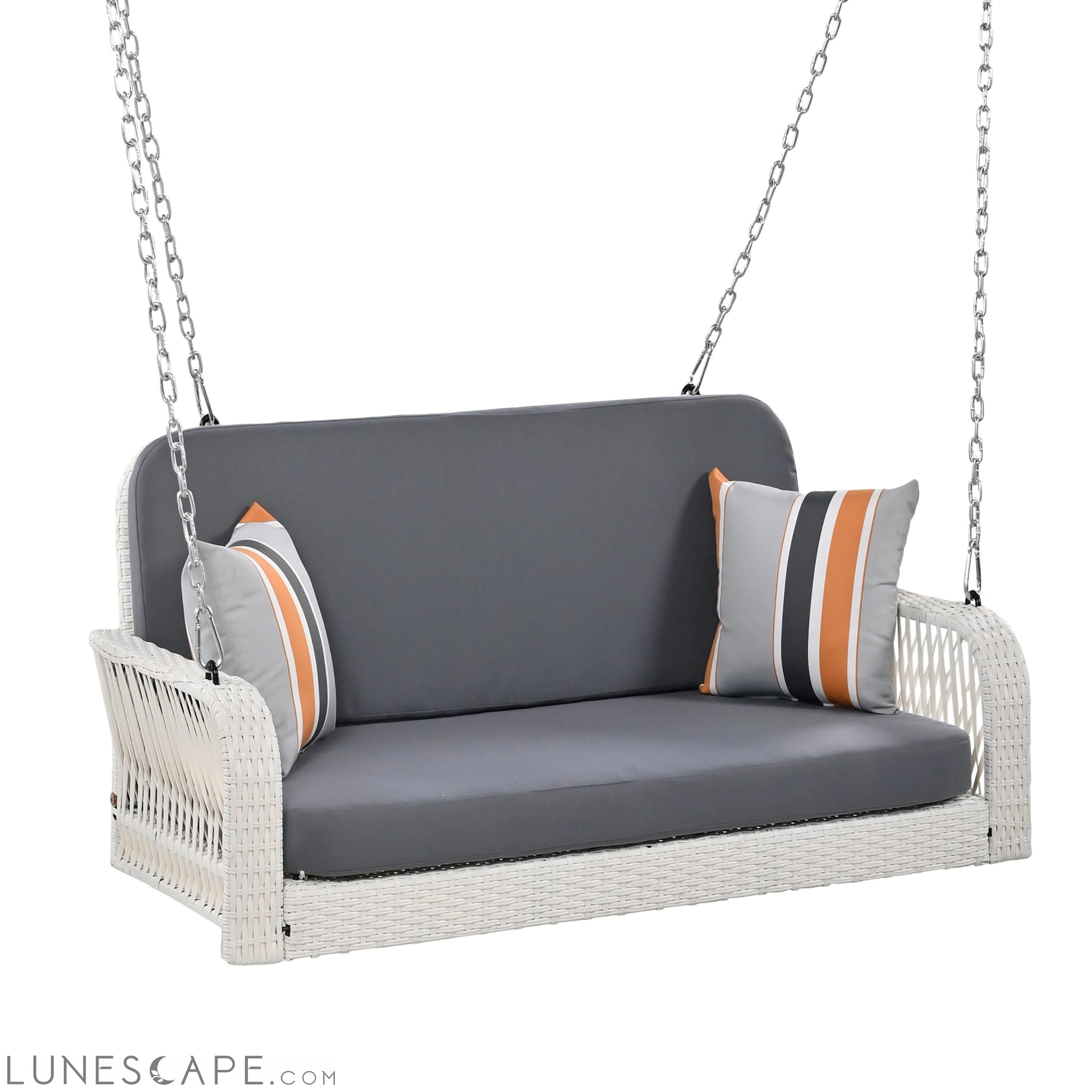 PE Wicker Porch Swing, 2-Seater Hanging Bench With Chains, Patio Furniture Swing for Backyard Garden Poolside, White And LUNESCAPE