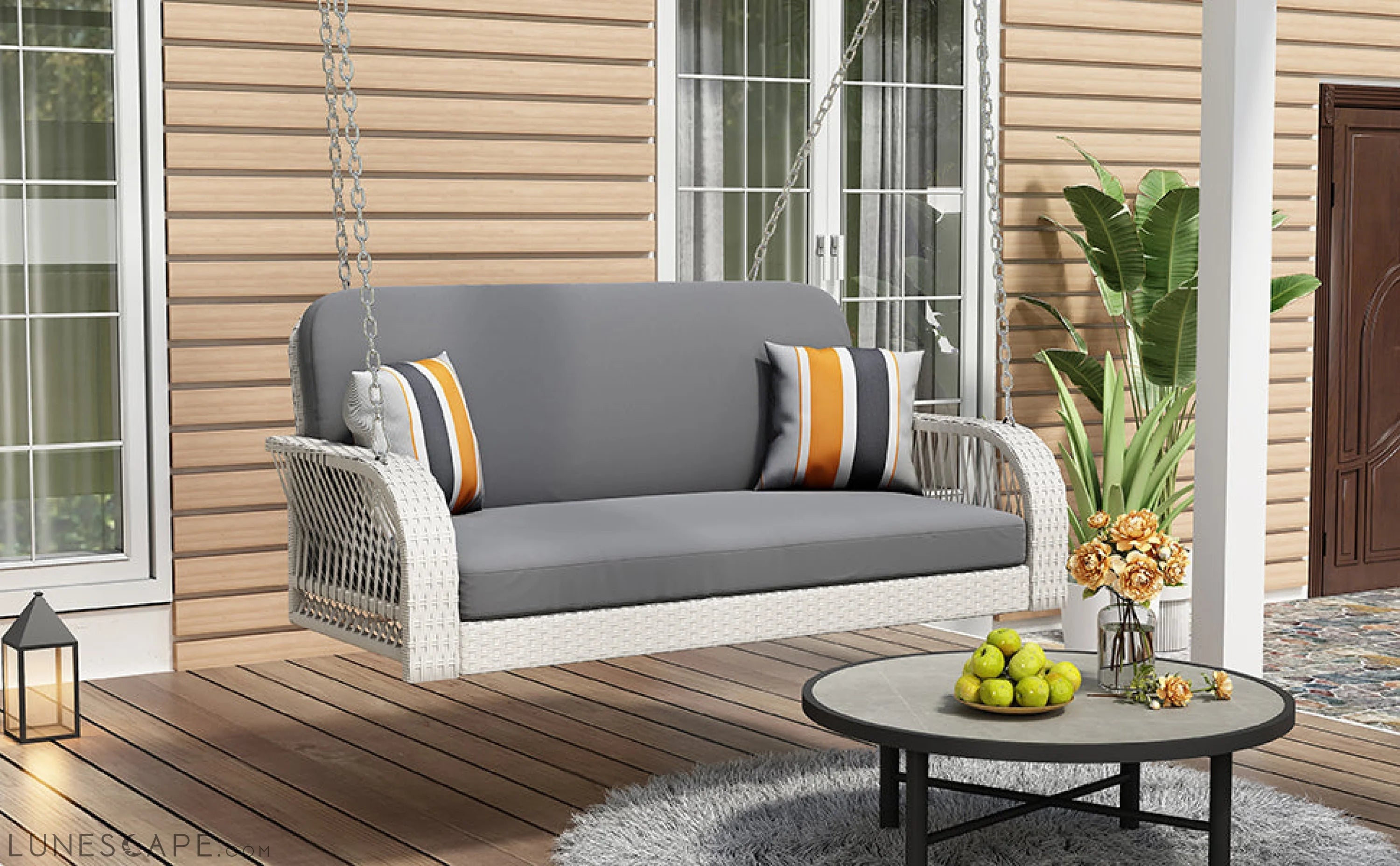 PE Wicker Porch Swing, 2-Seater Hanging Bench With Chains, Patio Furniture Swing for Backyard Garden Poolside, White And LUNESCAPE