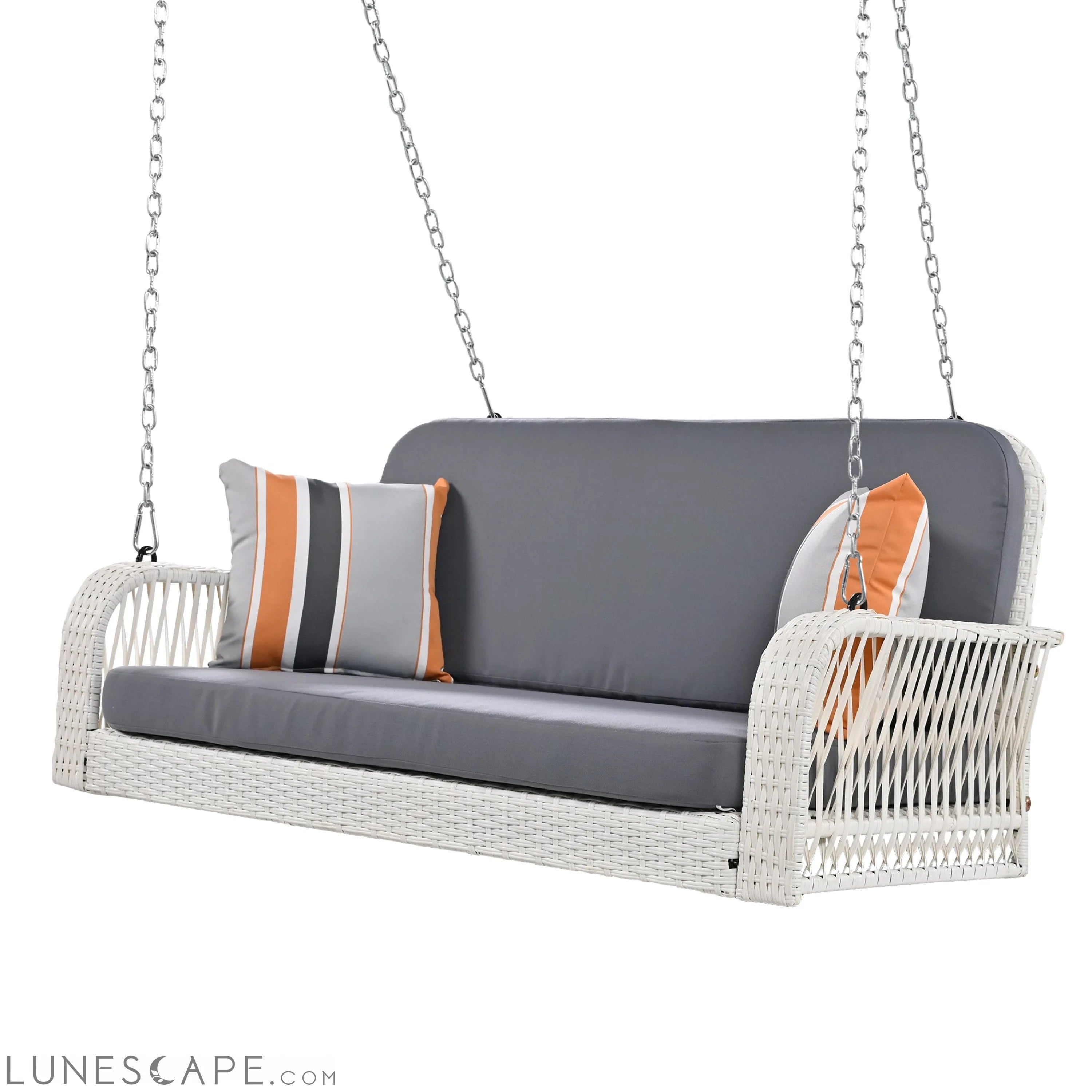 PE Wicker Porch Swing, 2-Seater Hanging Bench With Chains, Patio Furniture Swing for Backyard Garden Poolside, White And LUNESCAPE