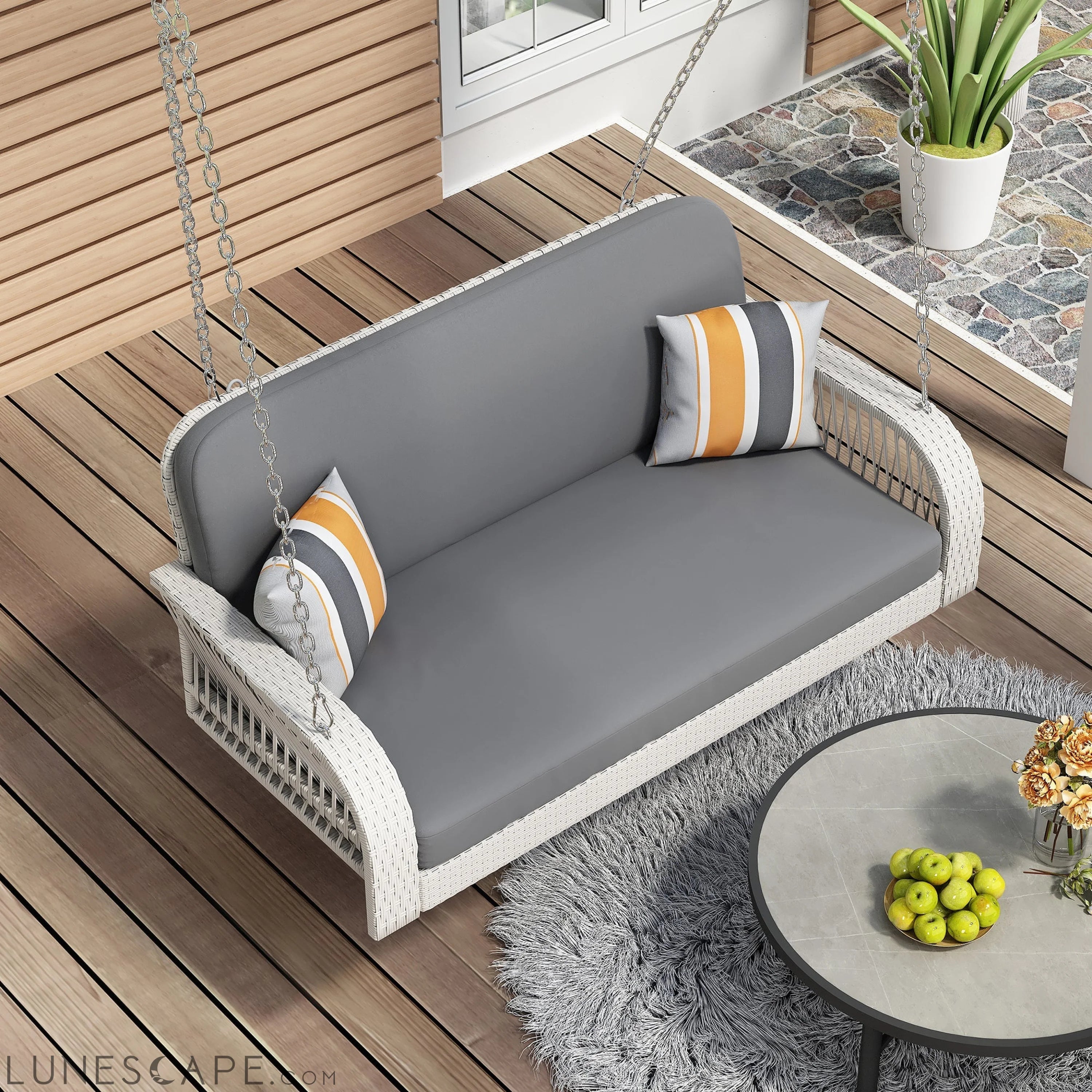 PE Wicker Porch Swing, 2-Seater Hanging Bench With Chains, Patio Furniture Swing for Backyard Garden Poolside, White And LUNESCAPE
