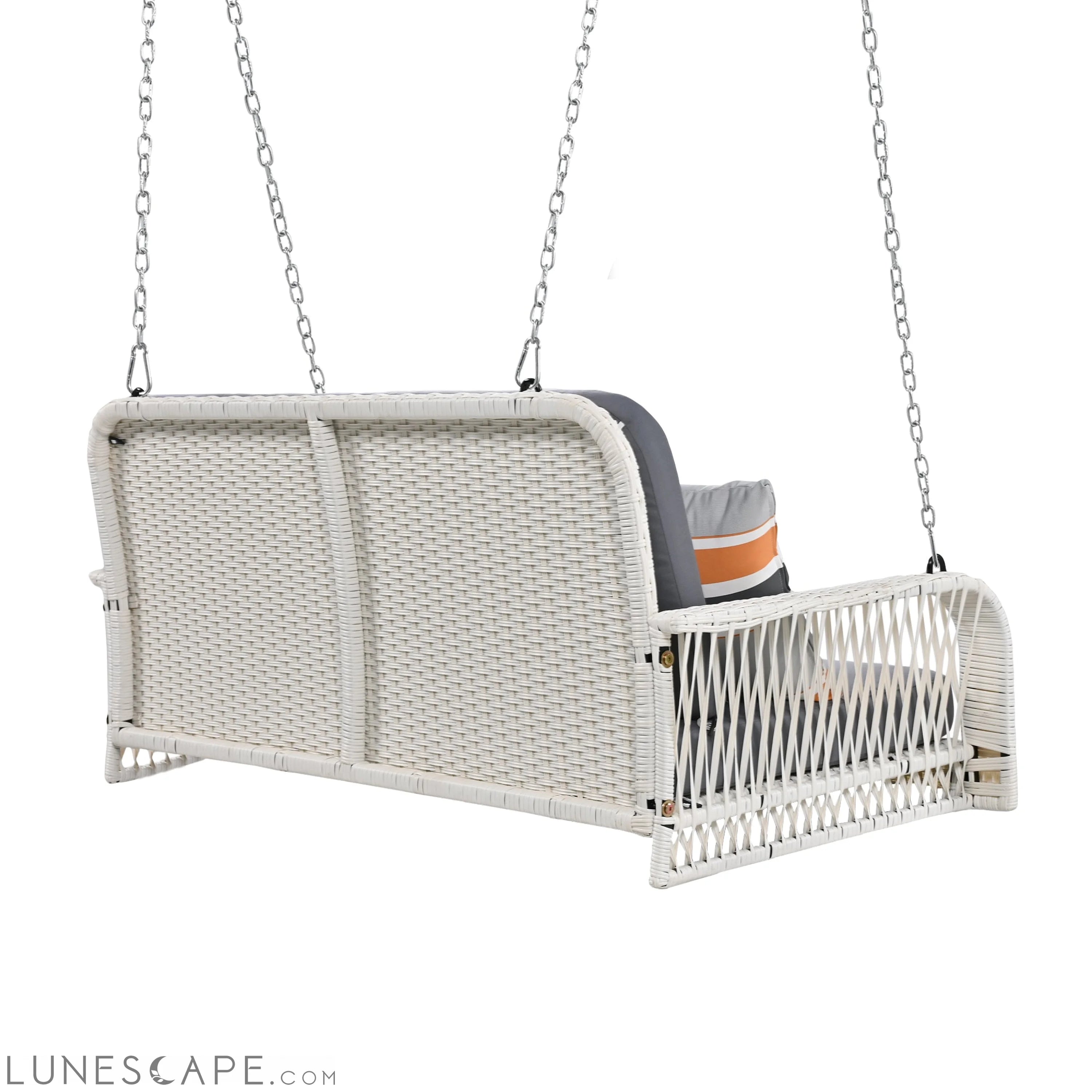 PE Wicker Porch Swing, 2-Seater Hanging Bench With Chains, Patio Furniture Swing for Backyard Garden Poolside, White And LUNESCAPE