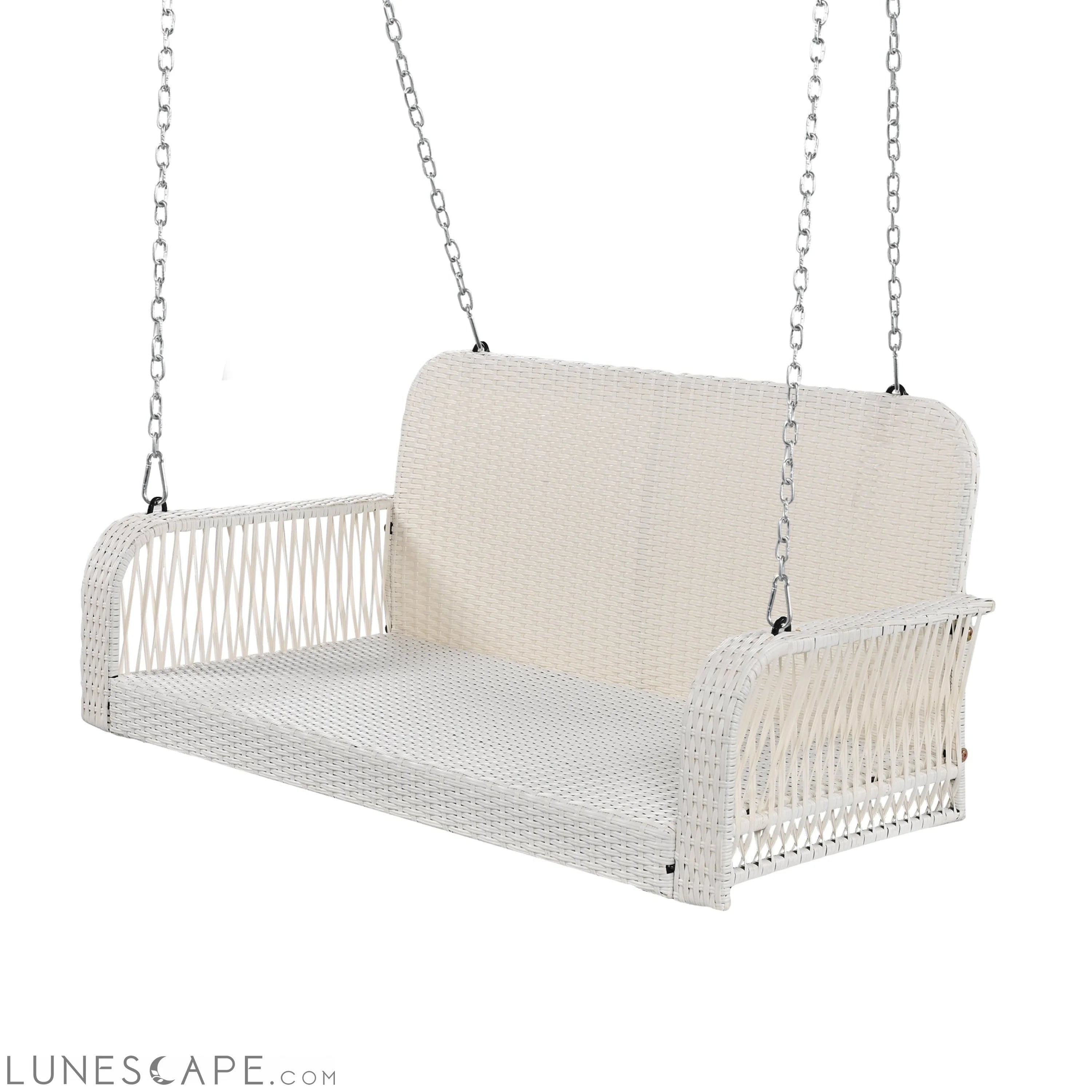 PE Wicker Porch Swing, 2-Seater Hanging Bench With Chains, Patio Furniture Swing for Backyard Garden Poolside, White And LUNESCAPE