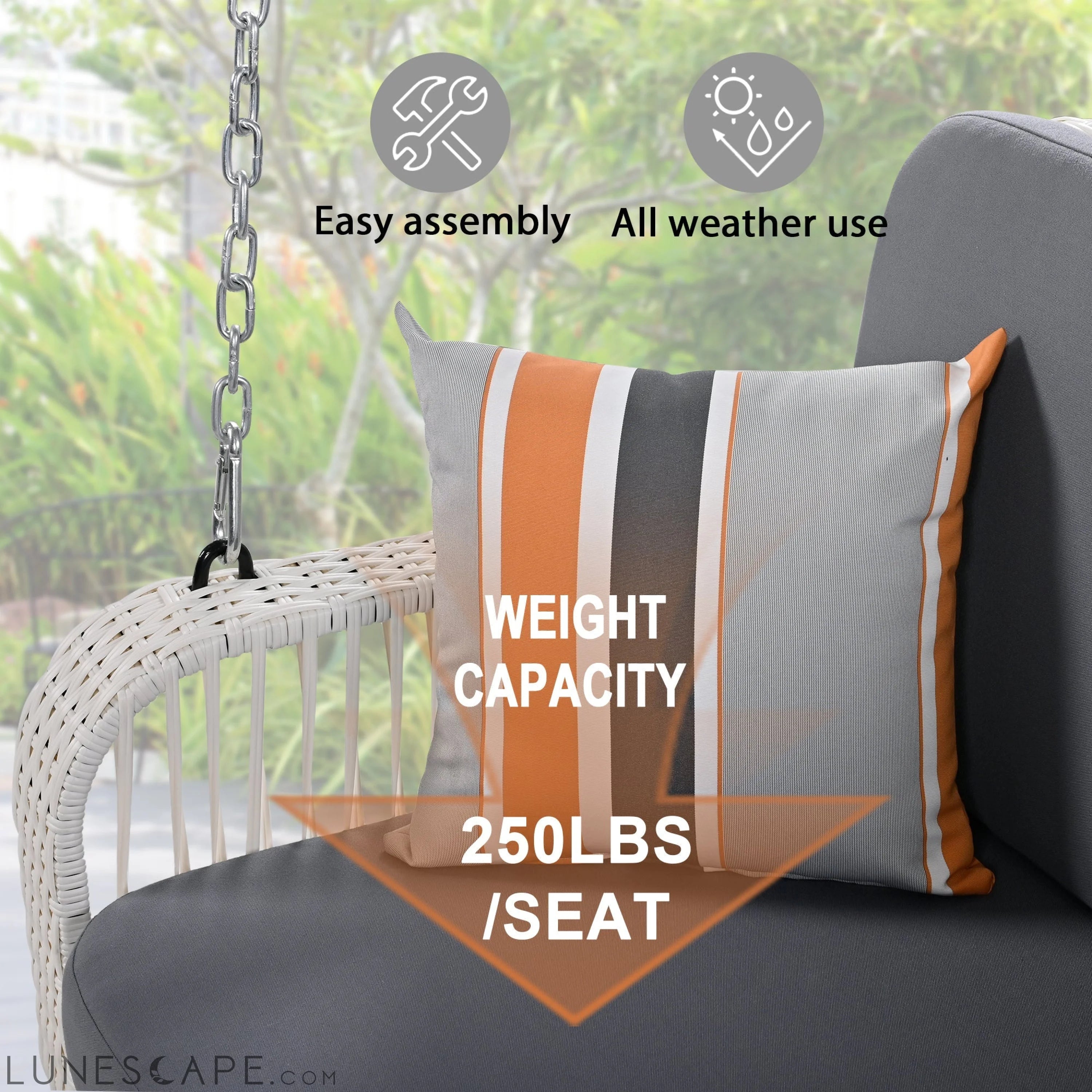 PE Wicker Porch Swing, 2-Seater Hanging Bench With Chains, Patio Furniture Swing for Backyard Garden Poolside, White And LUNESCAPE