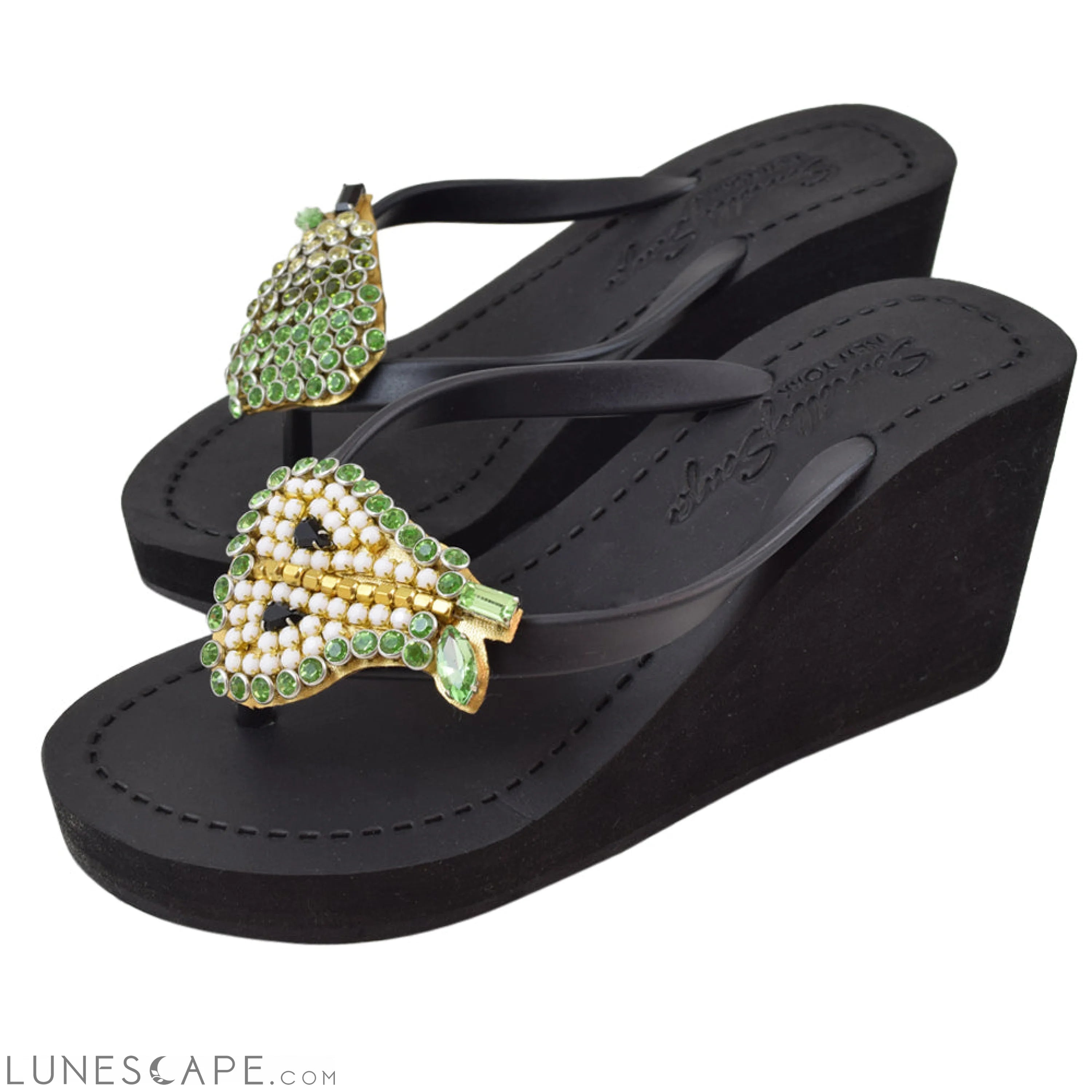 Pear - Green Rhine Stone Embellished Women's High Wedge Heel Flip Flops Sandal LUNESCAPE