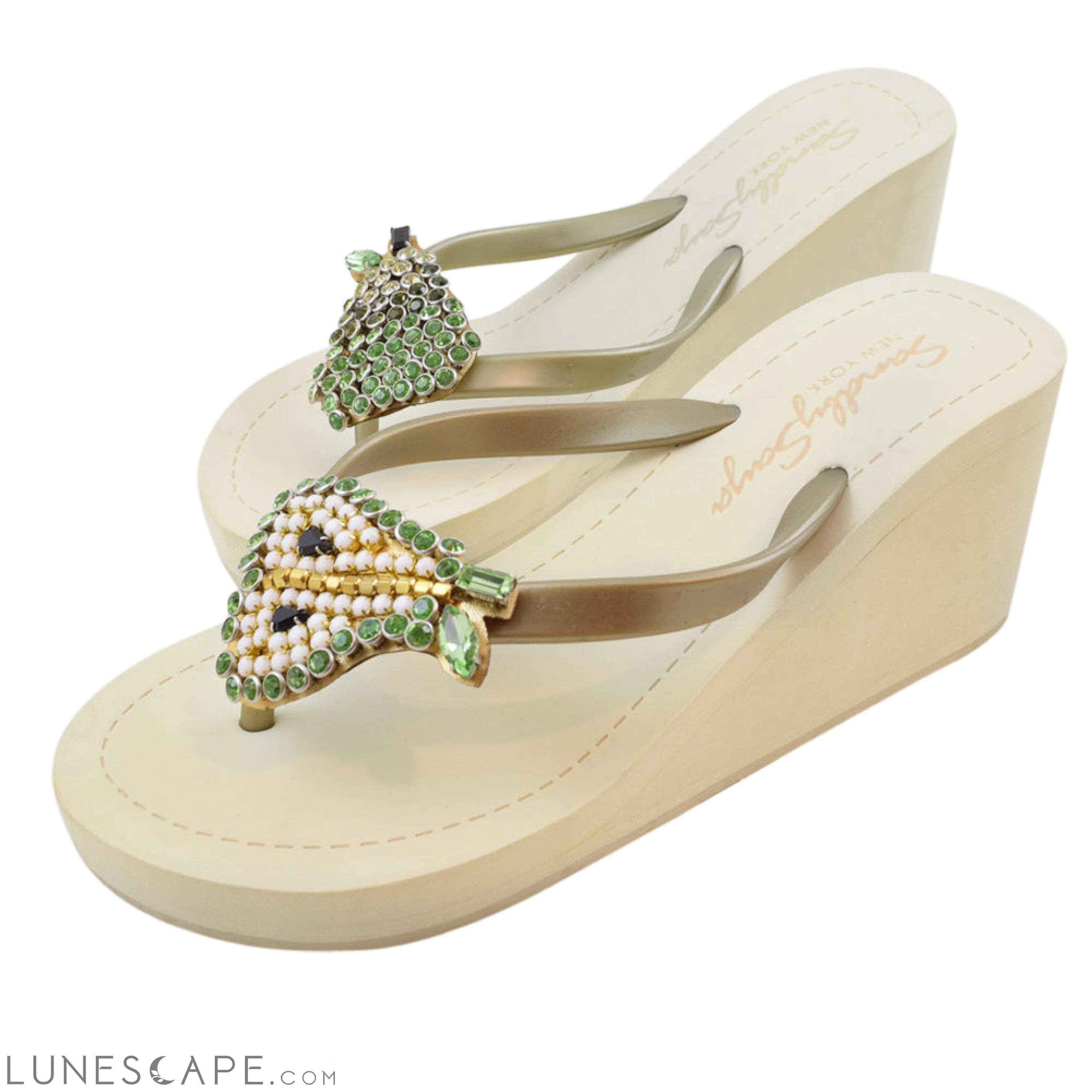 Pear - Green Rhine Stone Embellished Women's High Wedge Heel Flip Flops Sandal LUNESCAPE