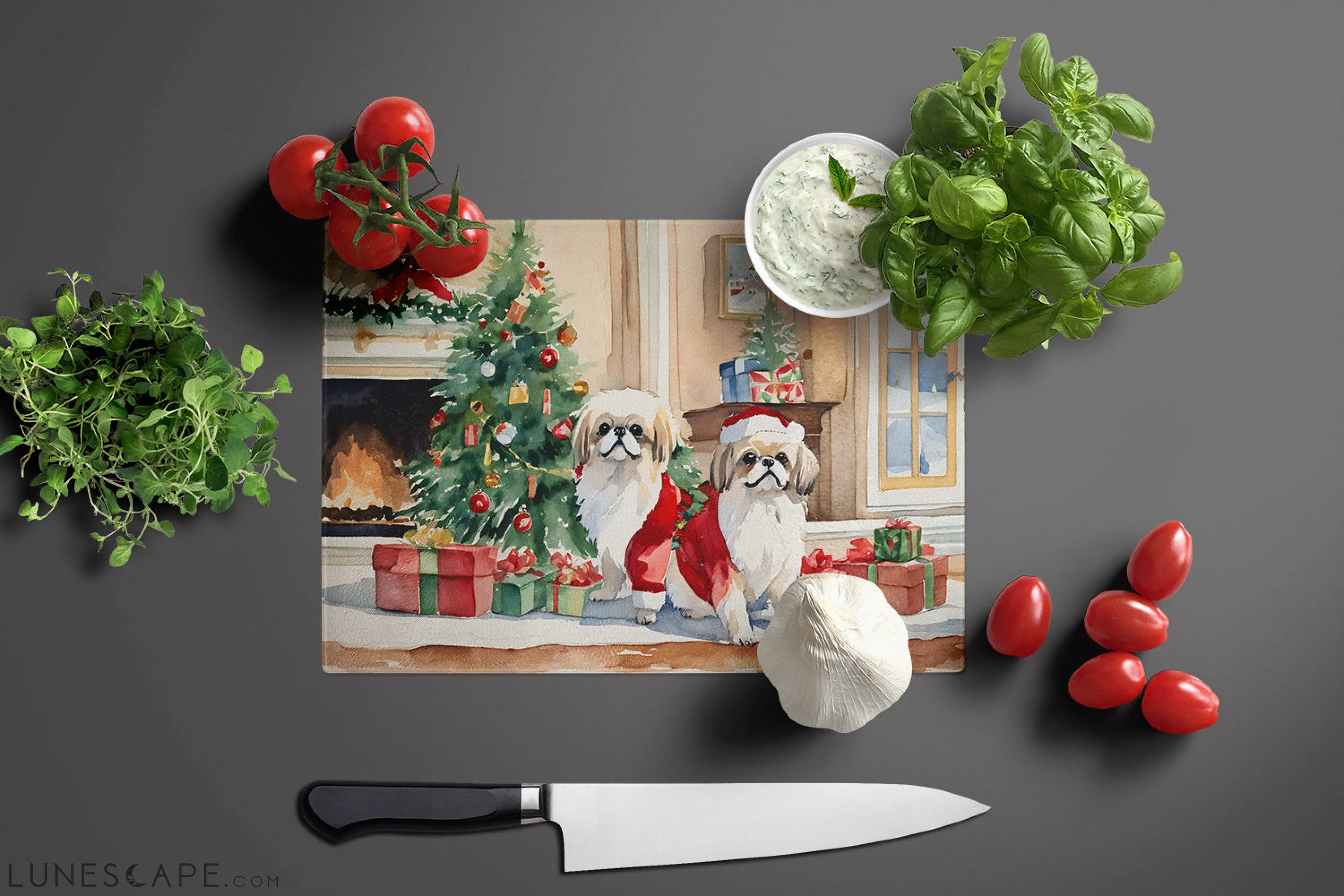 Pekingese Cozy Christmas Glass Cutting Board LUNESCAPE
