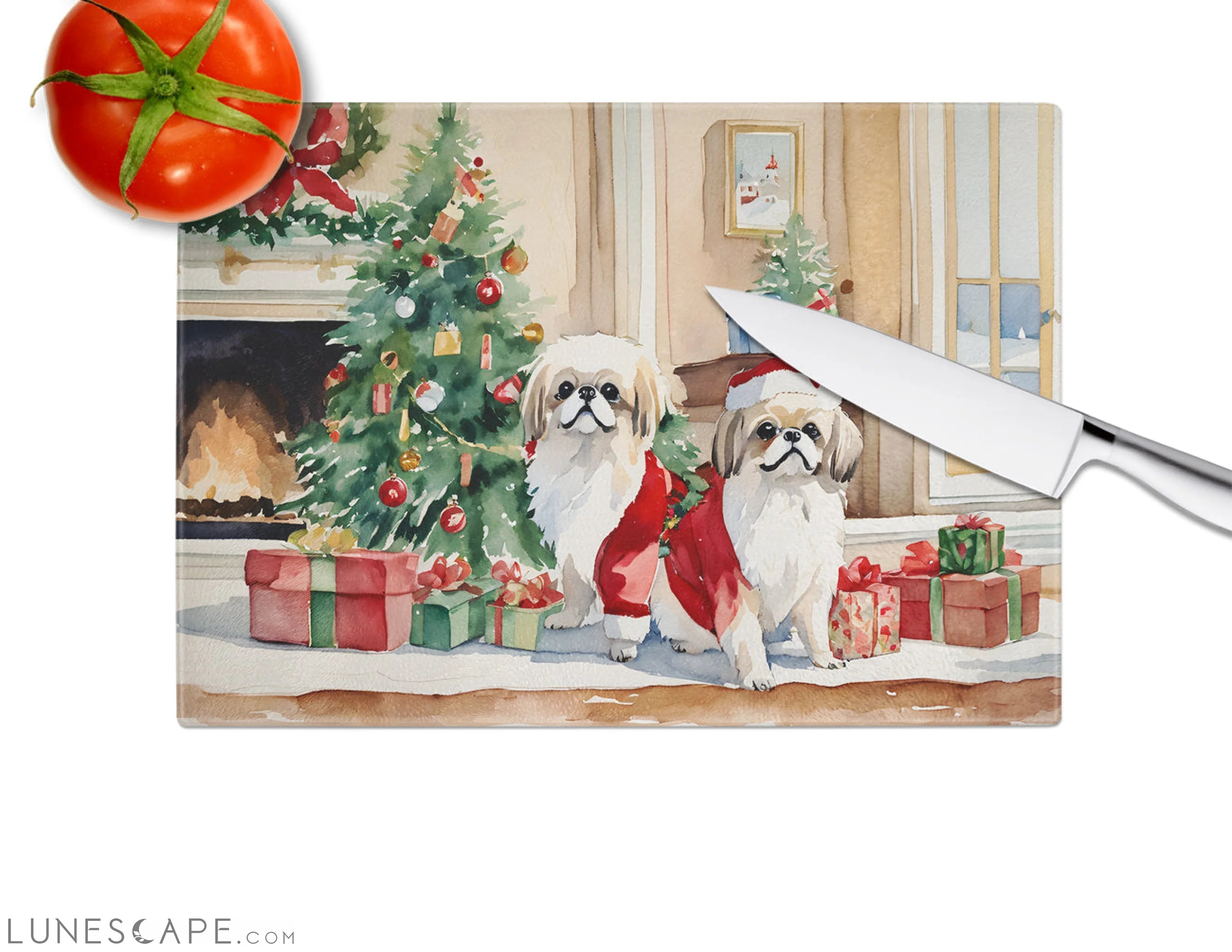 Pekingese Cozy Christmas Glass Cutting Board LUNESCAPE