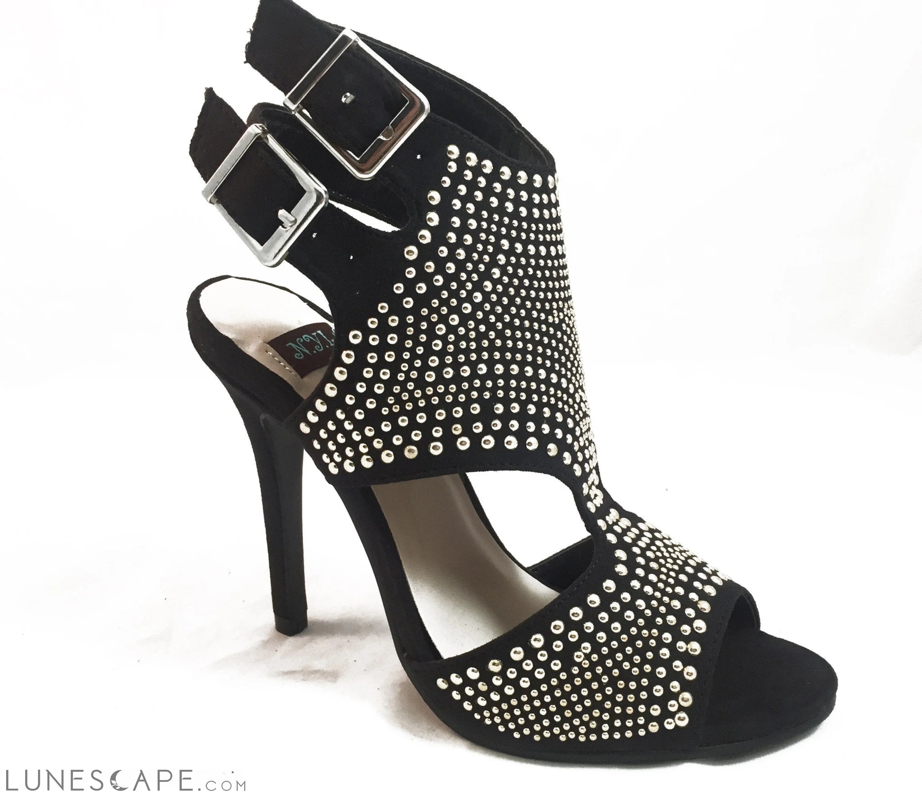 PEMKROOK Double Slingback Buckle Strap Open Toed Studded High Heel Gladiator Sandal LUNESCAPE