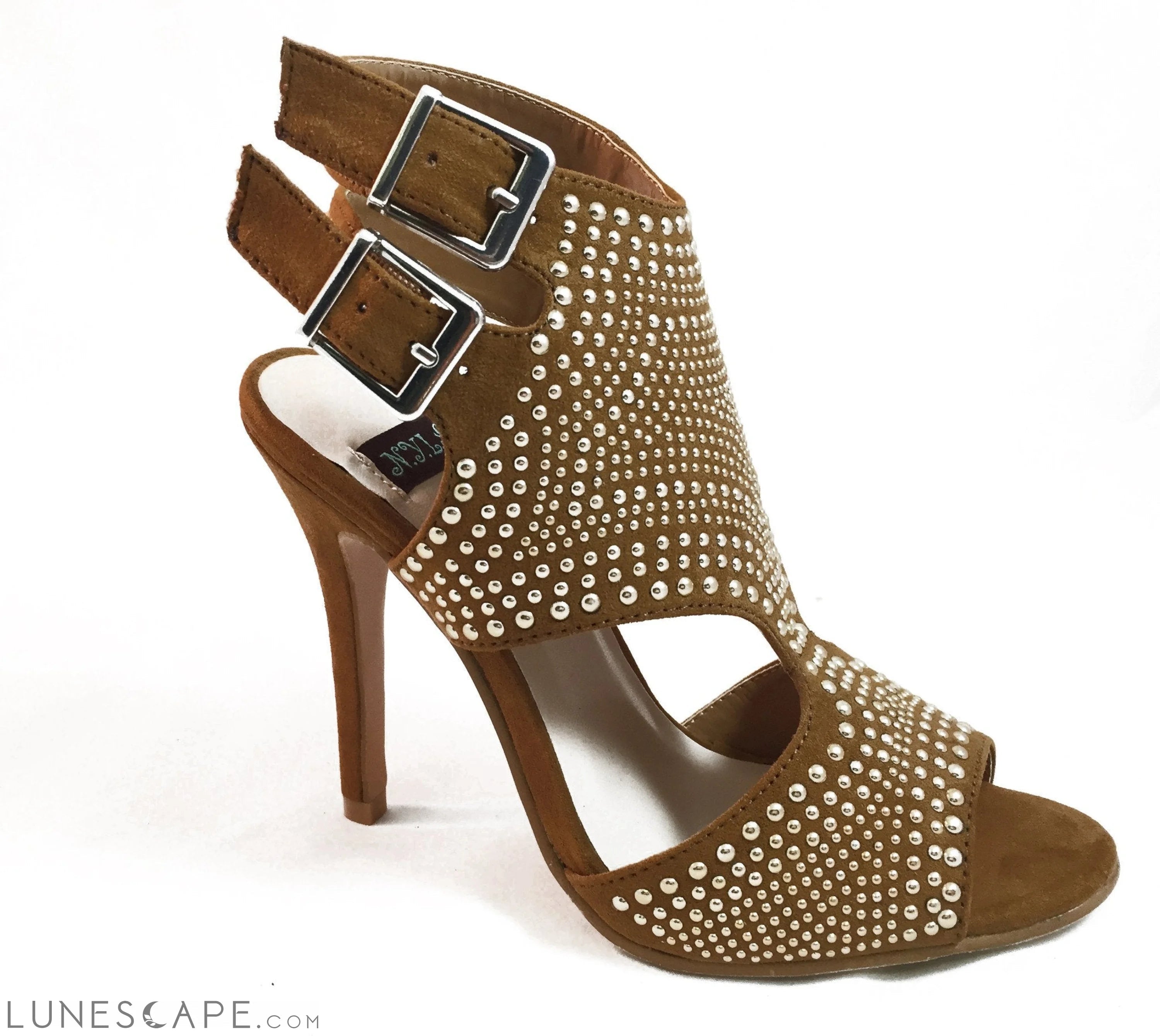 PEMKROOK Double Slingback Buckle Strap Open Toed Studded High Heel Gladiator Sandal LUNESCAPE