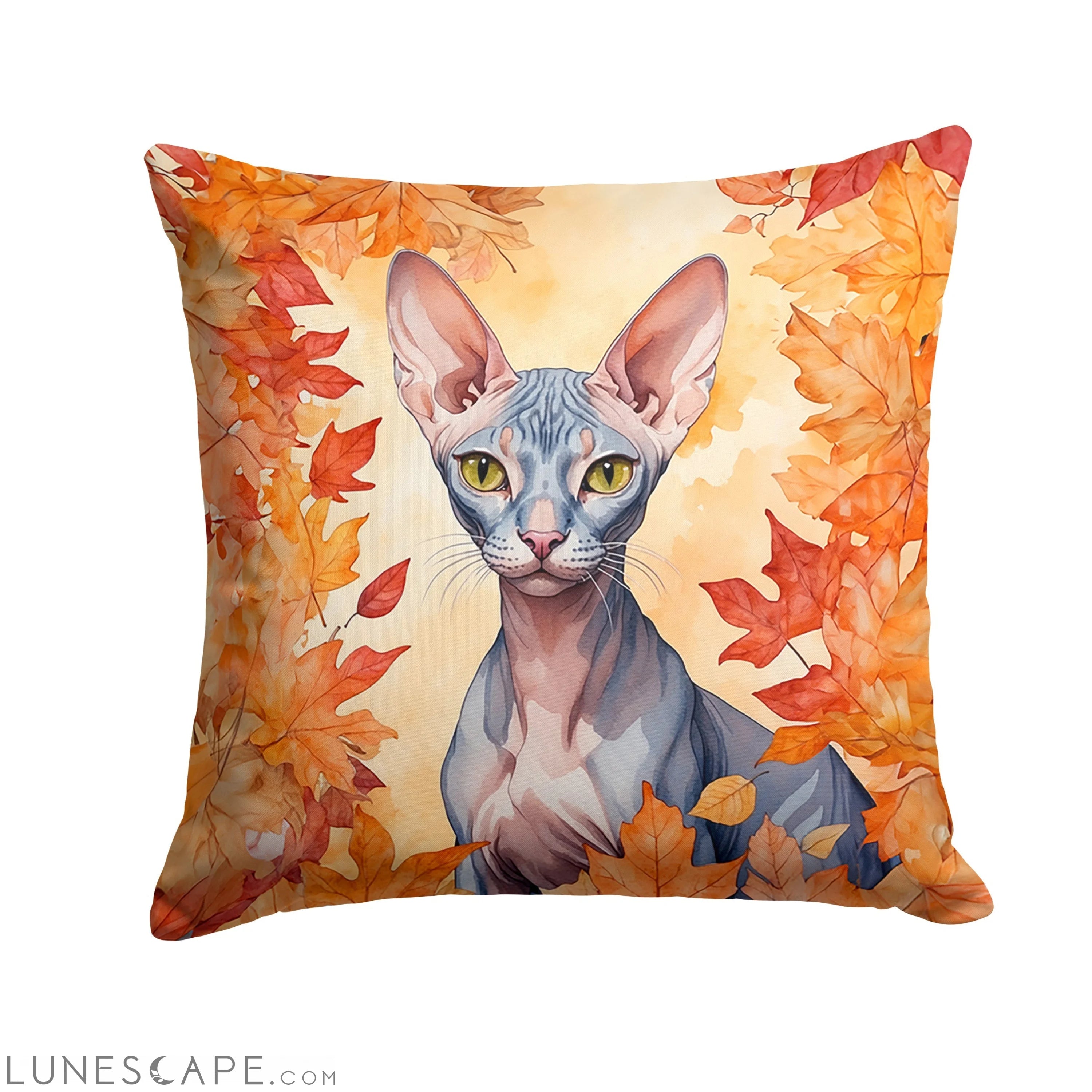 Peterbald Cat in Fall Leaves Throw Pillow LUNESCAPE