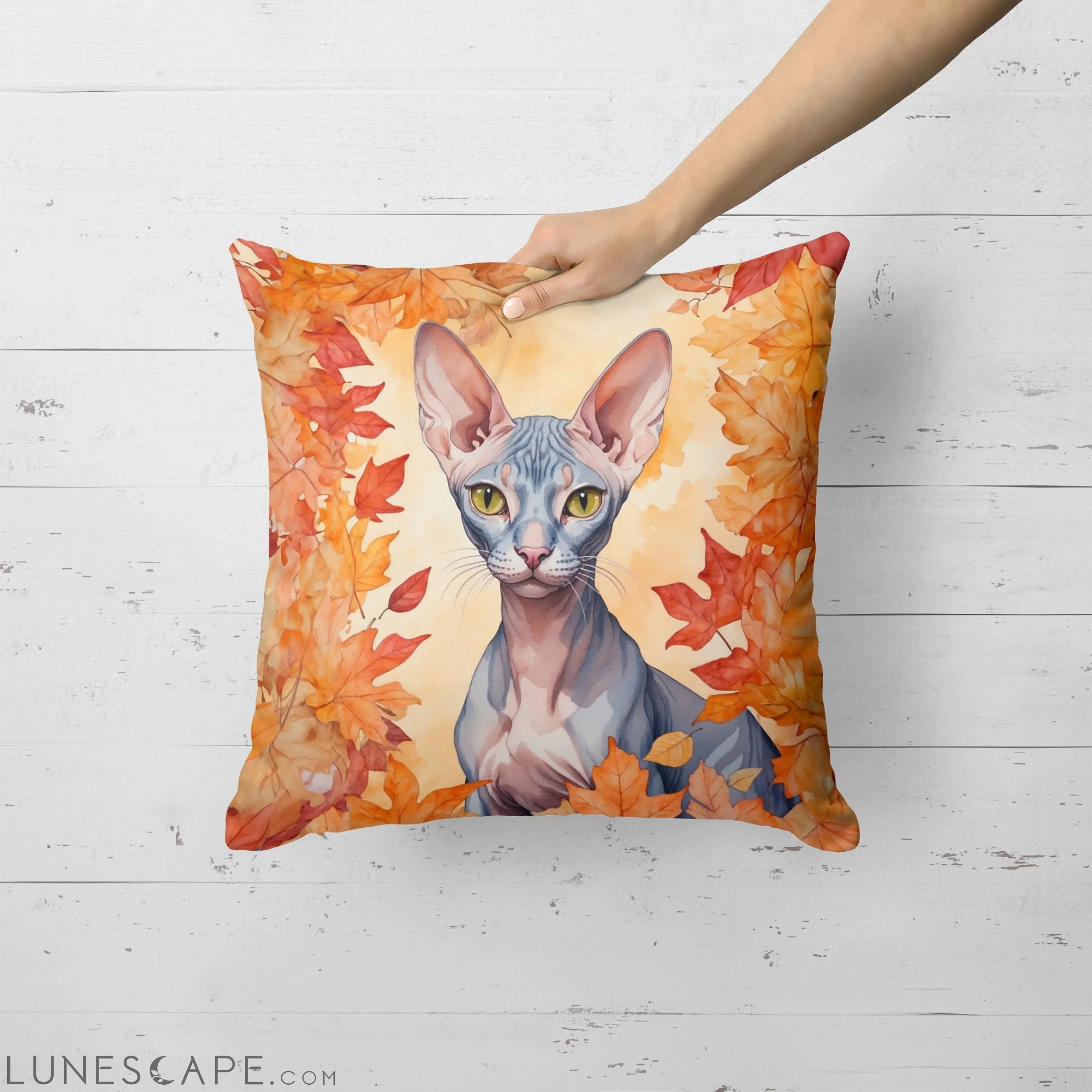 Peterbald Cat in Fall Leaves Throw Pillow LUNESCAPE