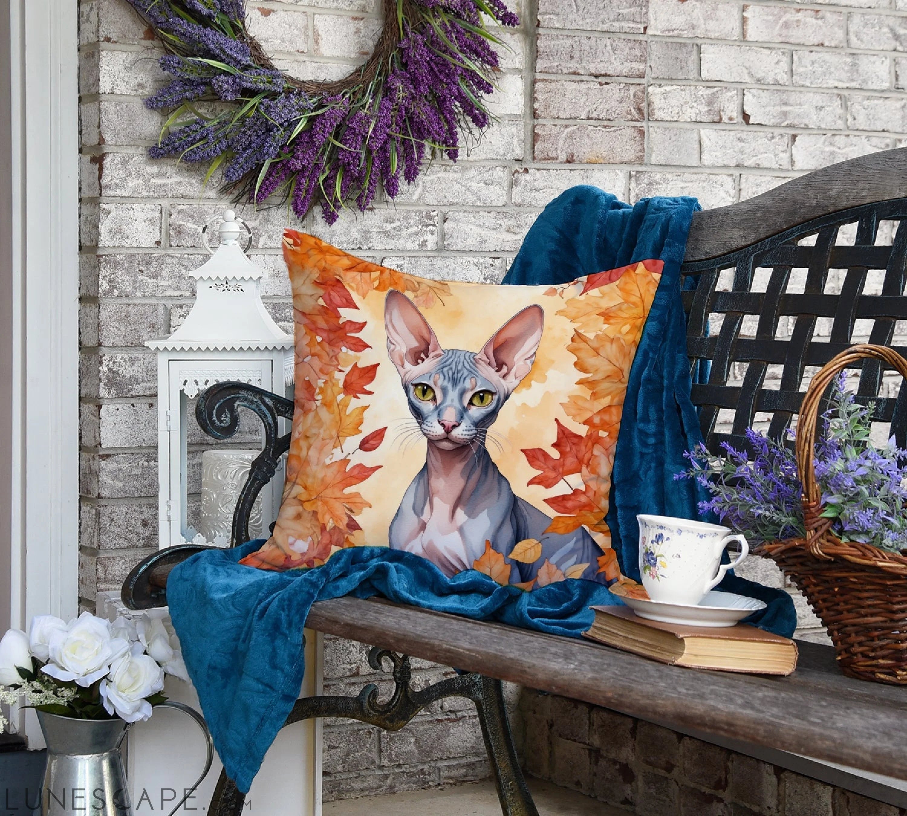 Peterbald Cat in Fall Leaves Throw Pillow LUNESCAPE