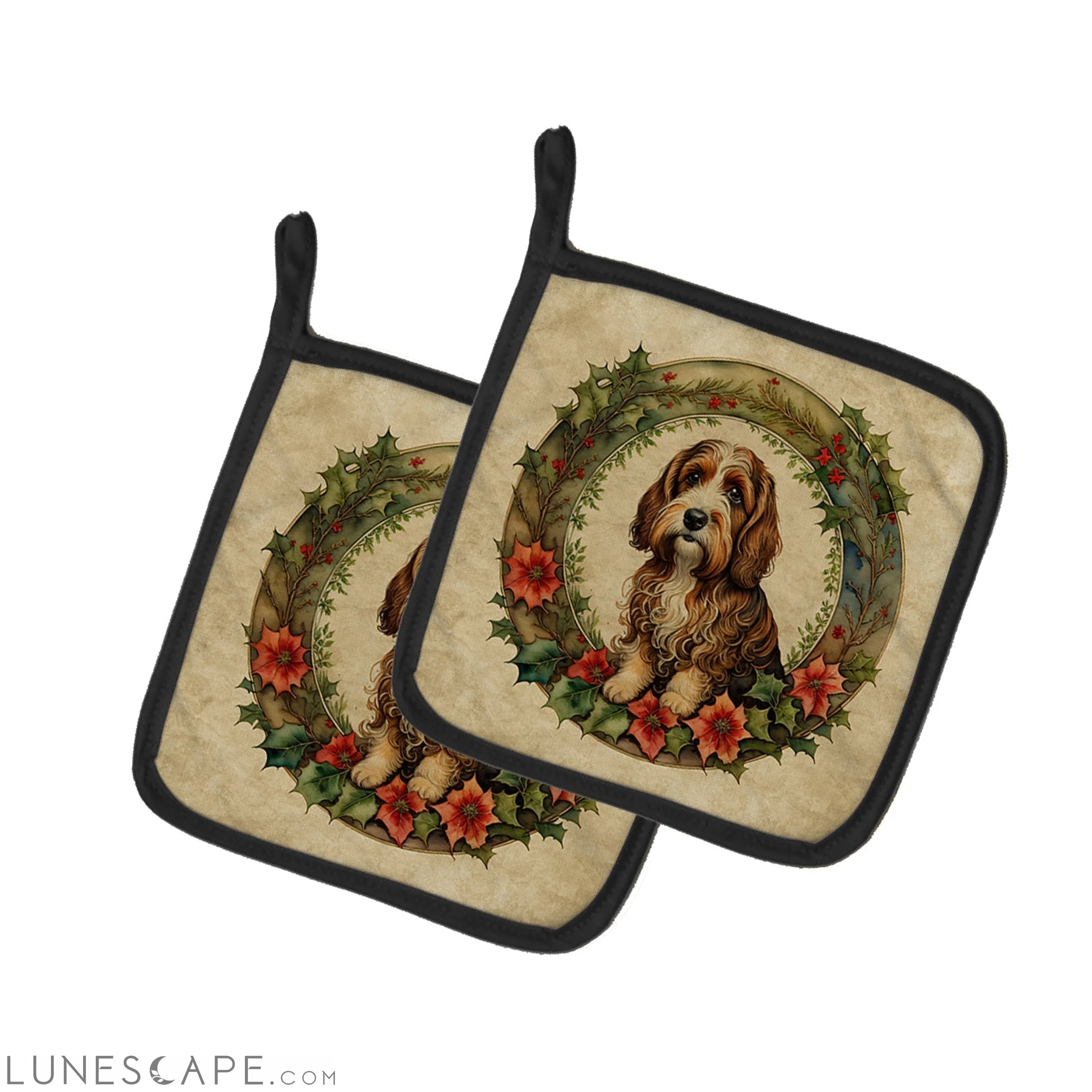 Petit Basset Griffon Vendeen Christmas Flowers Pair of Pot Holders LUNESCAPE