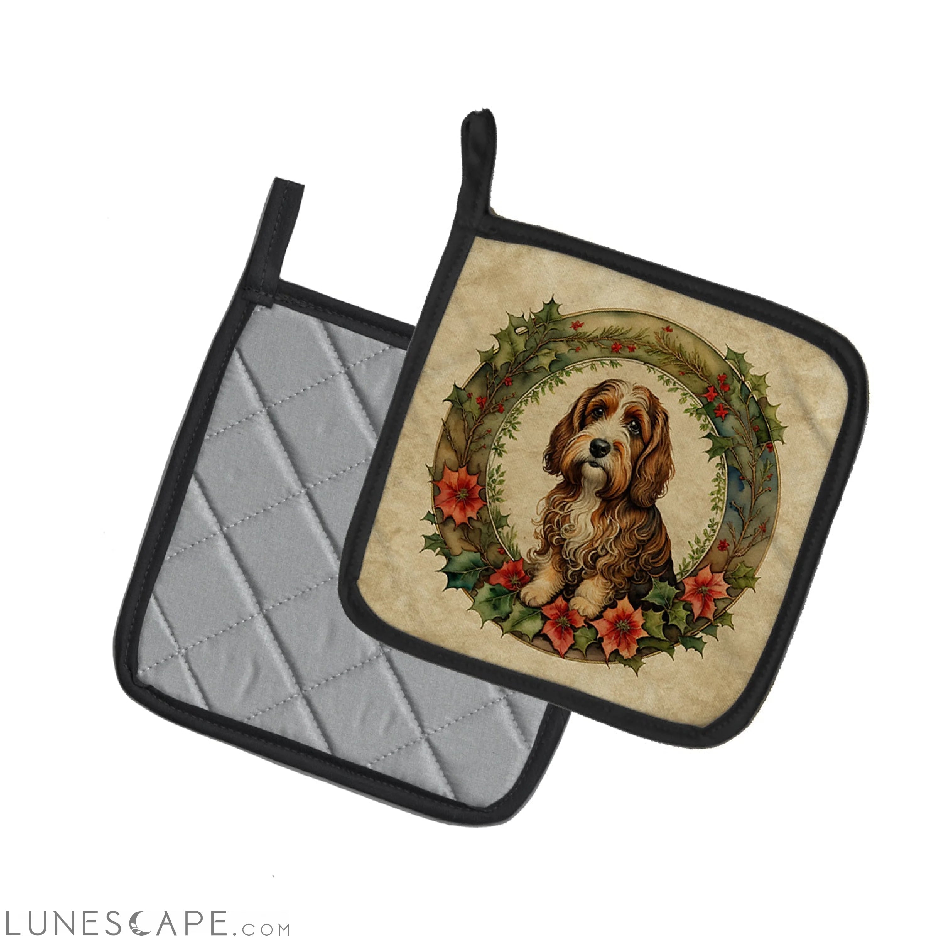 Petit Basset Griffon Vendeen Christmas Flowers Pair of Pot Holders LUNESCAPE