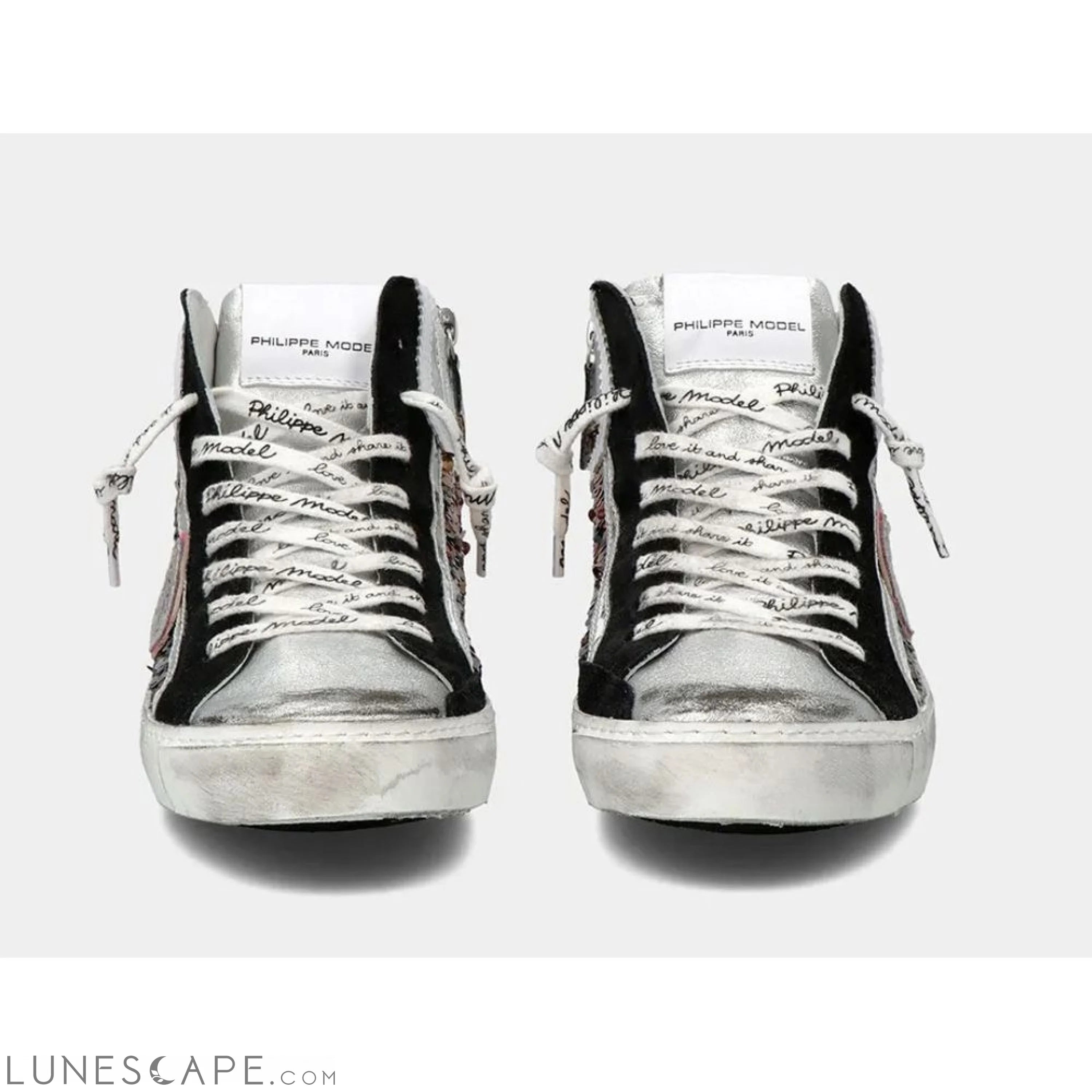 Philippe Model Elegant Gray Leather Sneakers with Sequin Details LUNESCAPE