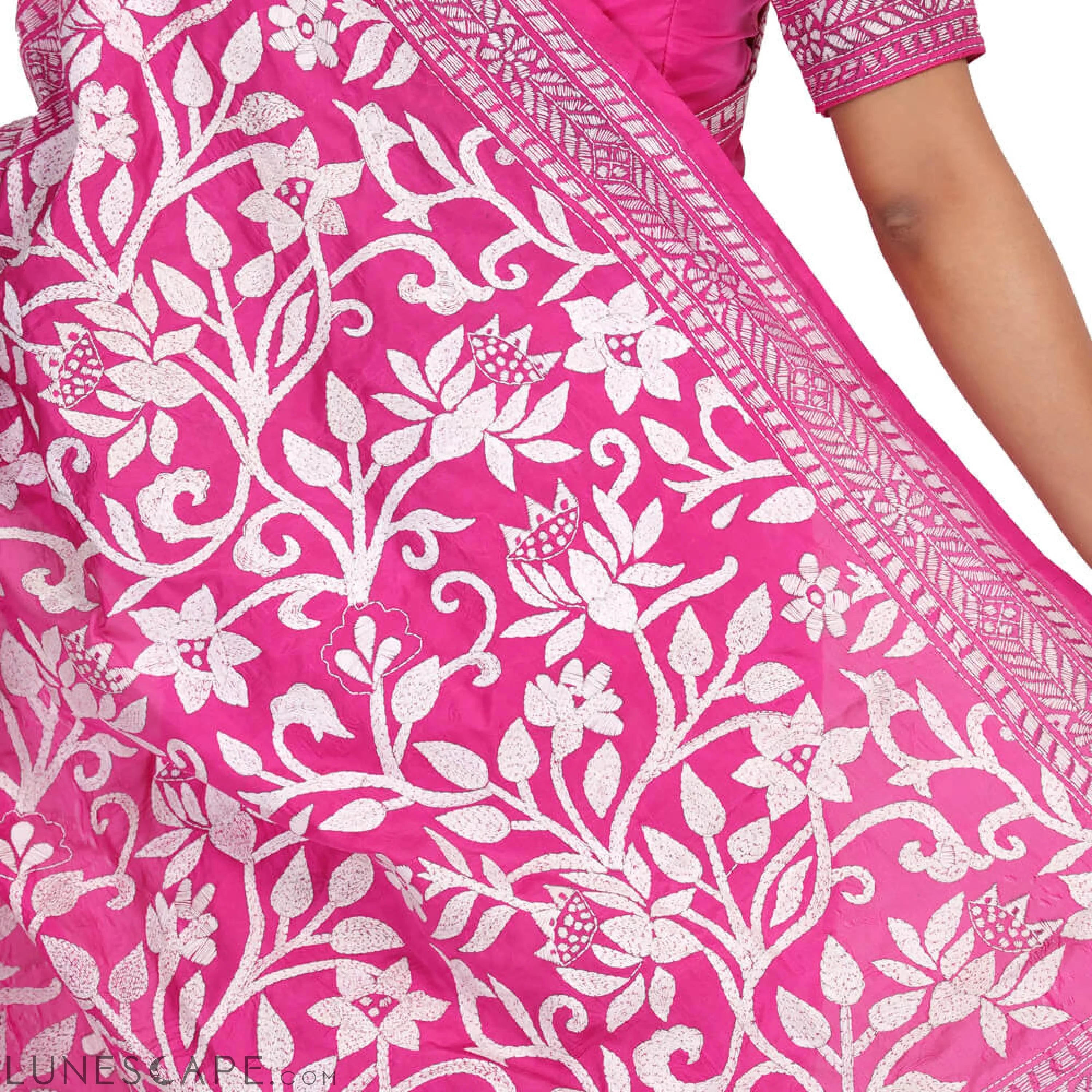 Pink Banglore Silk Sari With Kantha Hand Embroidery LUNESCAPE