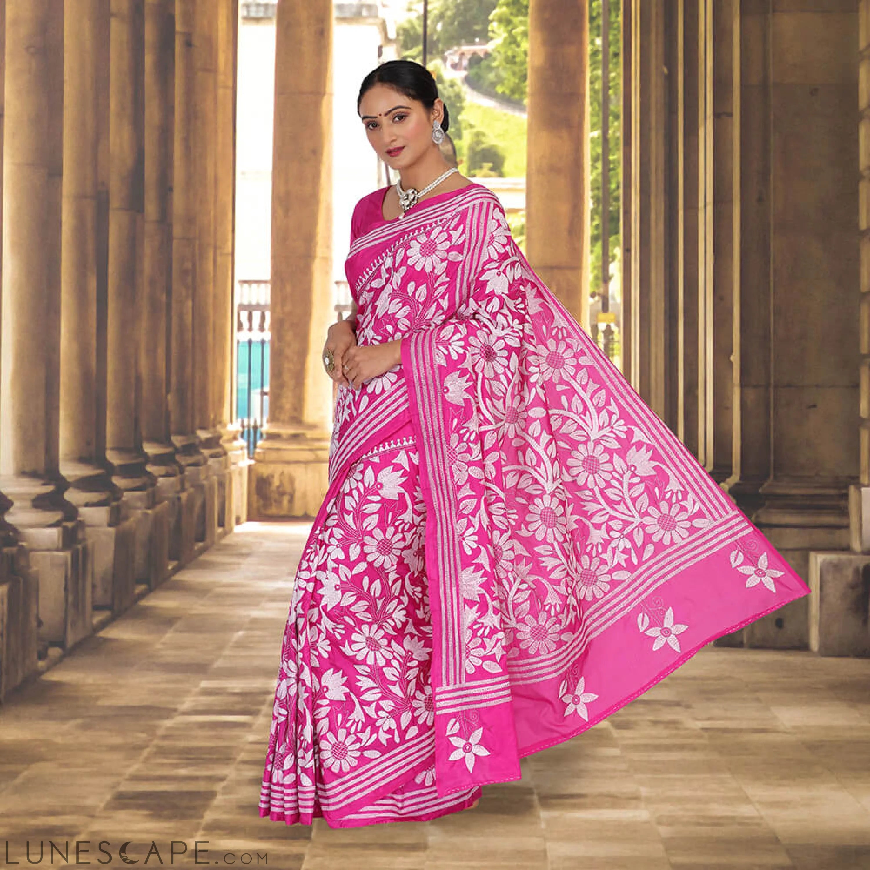 Pink Banglore Silk Sari With Kantha Hand Embroidery LUNESCAPE