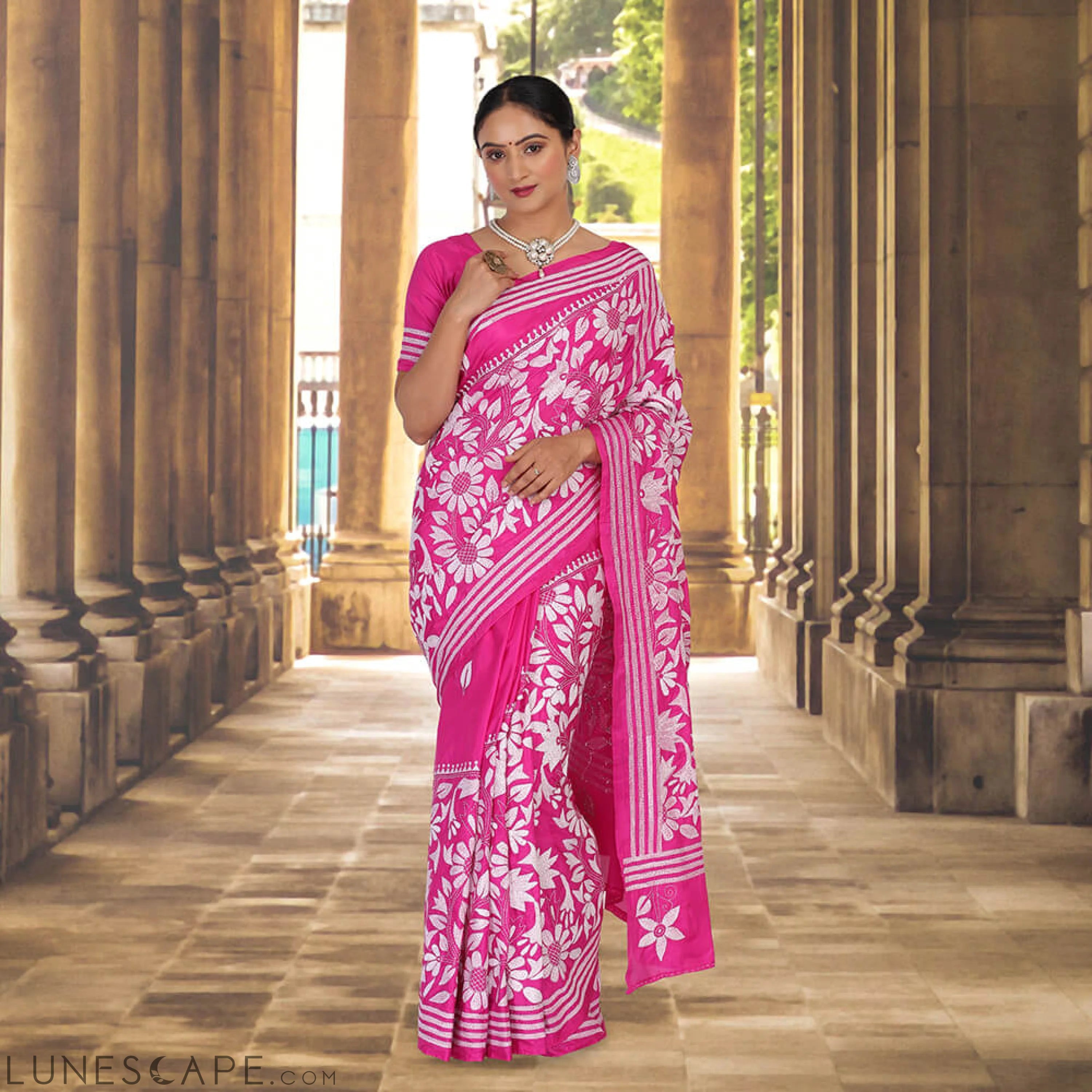 Pink Banglore Silk Sari With Kantha Hand Embroidery LUNESCAPE