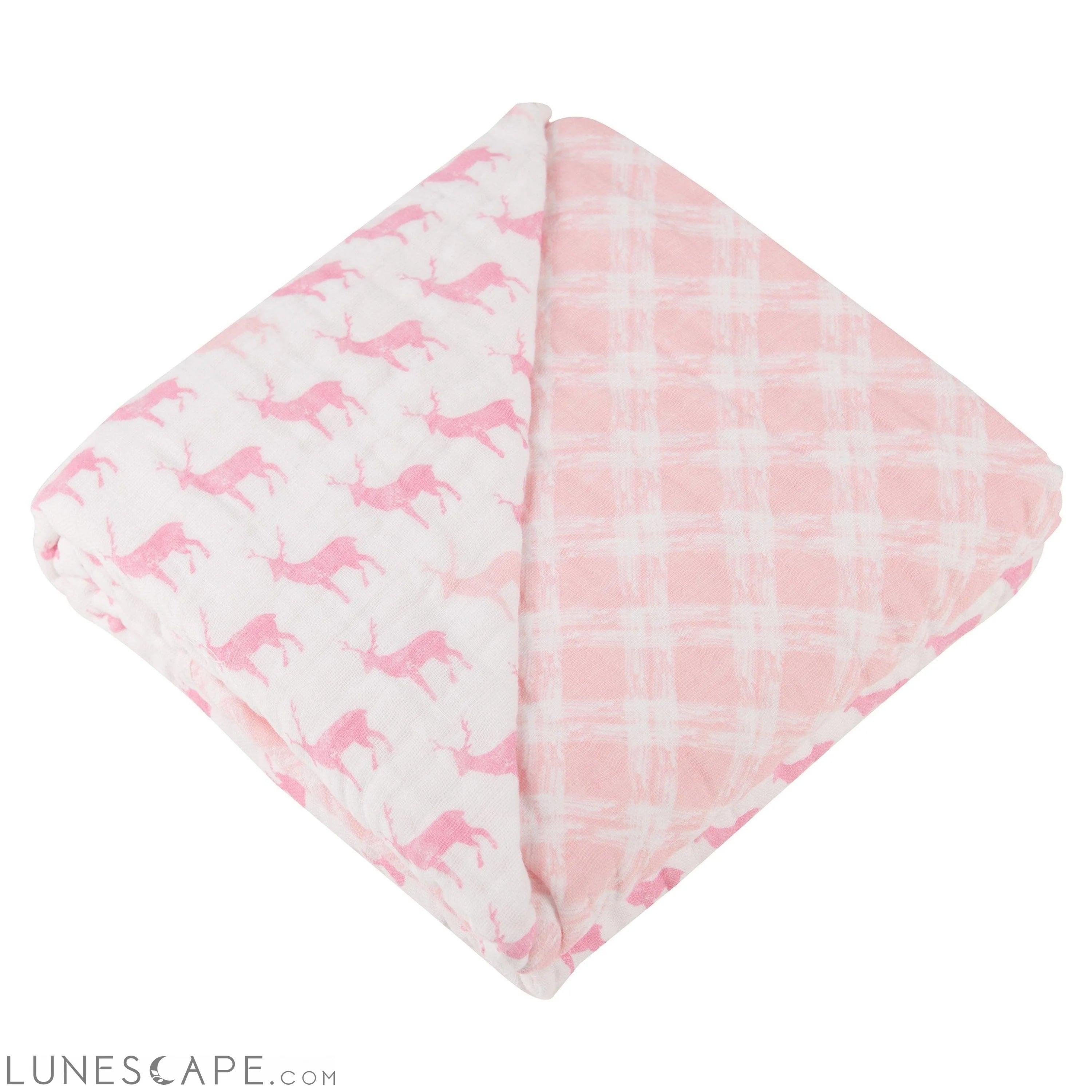 Pink Deer and Primrose Pink Plaid Cotton Muslin Newcastle Blanket LUNESCAPE