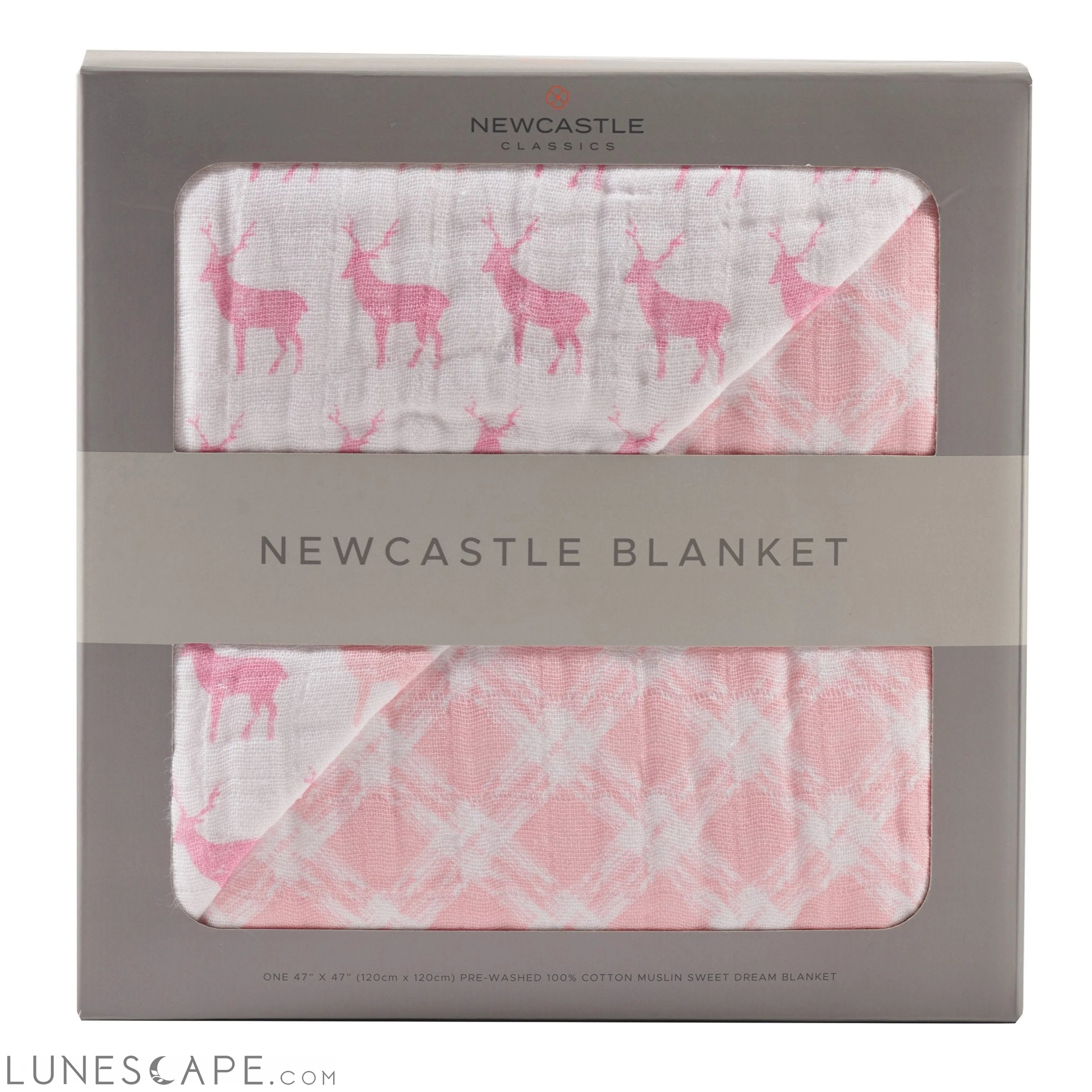 Pink Deer and Primrose Pink Plaid Cotton Muslin Newcastle Blanket LUNESCAPE
