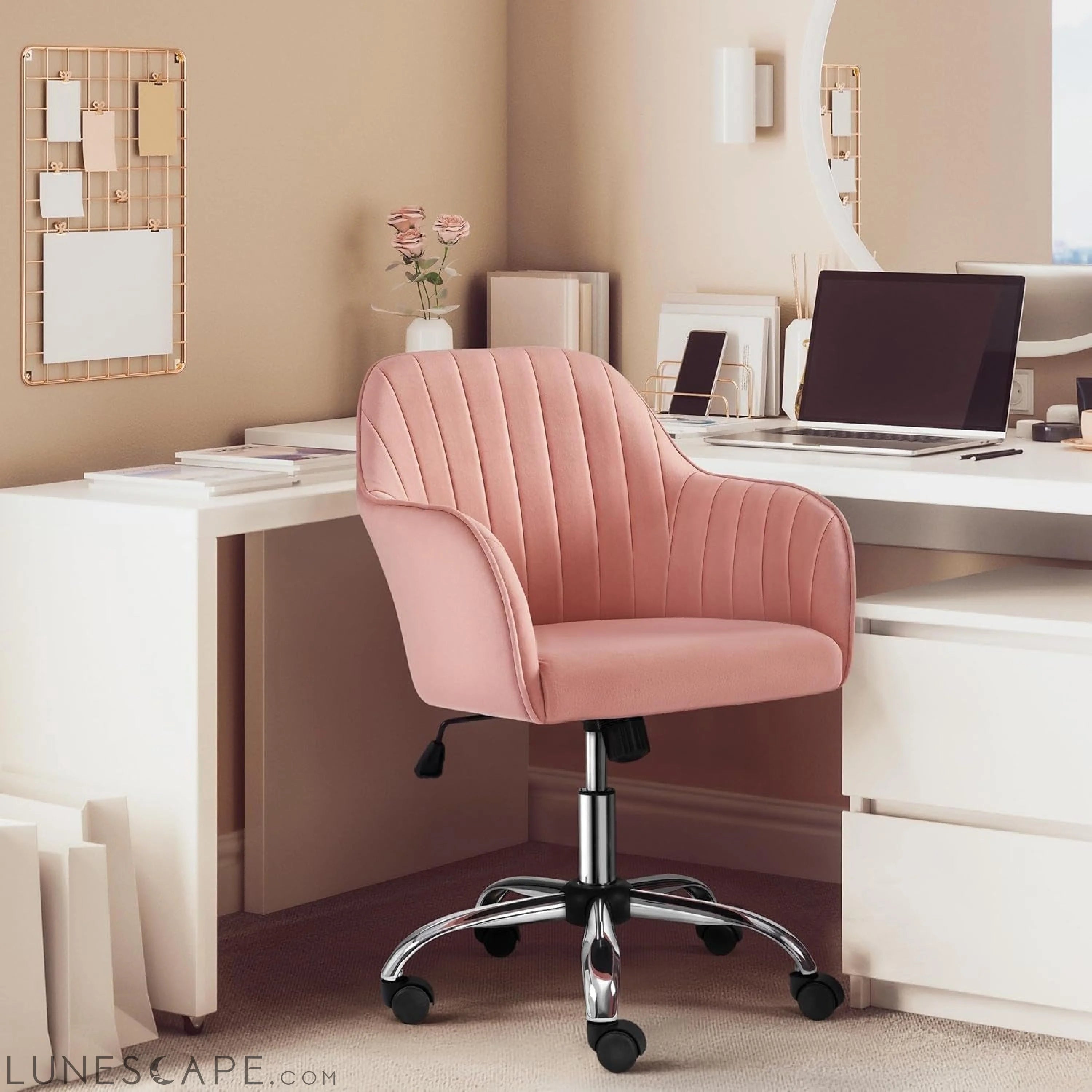 Pink Desk Chair Cute Office Chair Velvet Vanity Chair Desk Chair Comfy LUNESCAPE