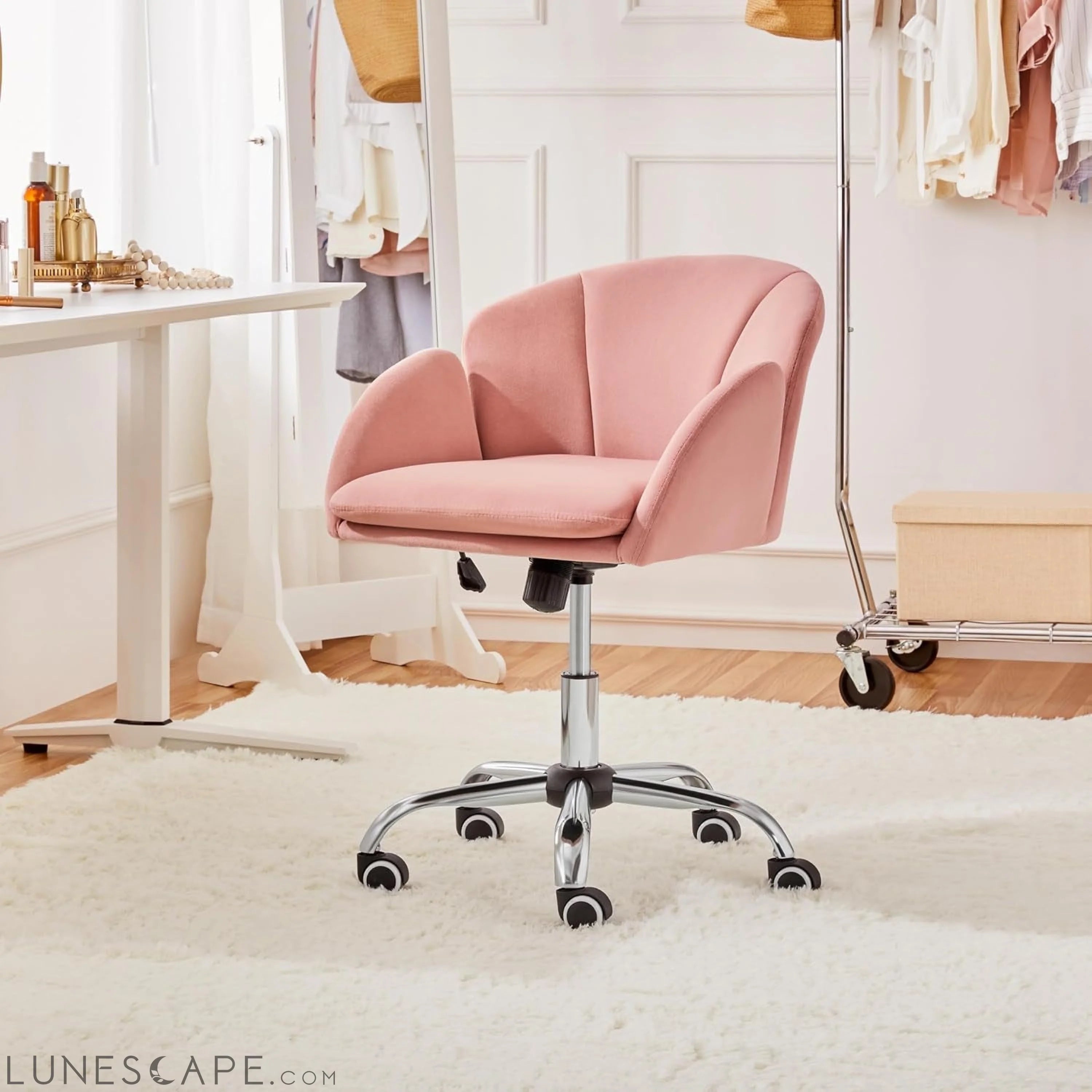 Pink Desk Chair Cute Velvet Chair for Home Office, Vanity Chair with LUNESCAPE
