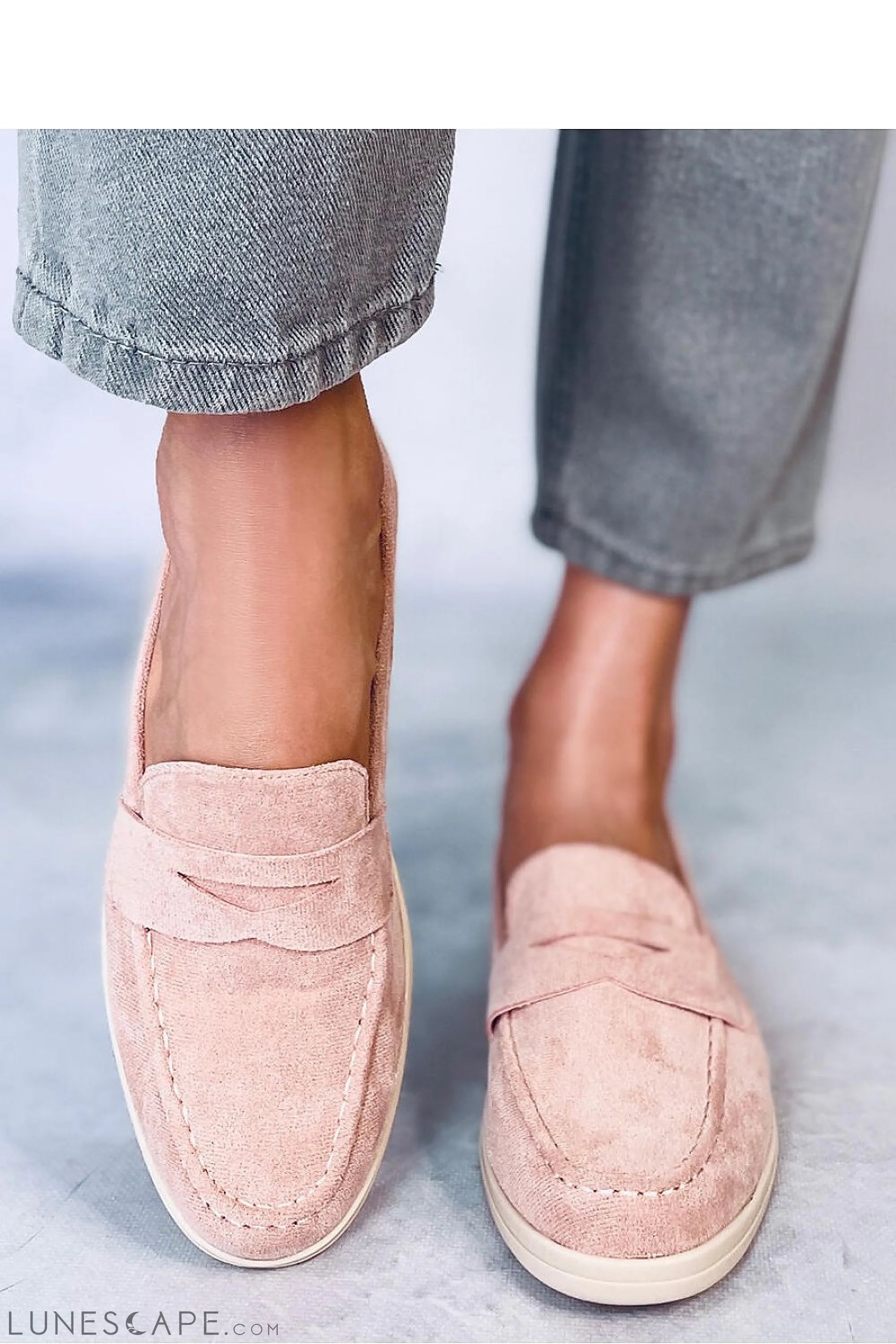 Pink Eco-Suede Penny Bar Almond Toe Women’s Loafers LUNESCAPE