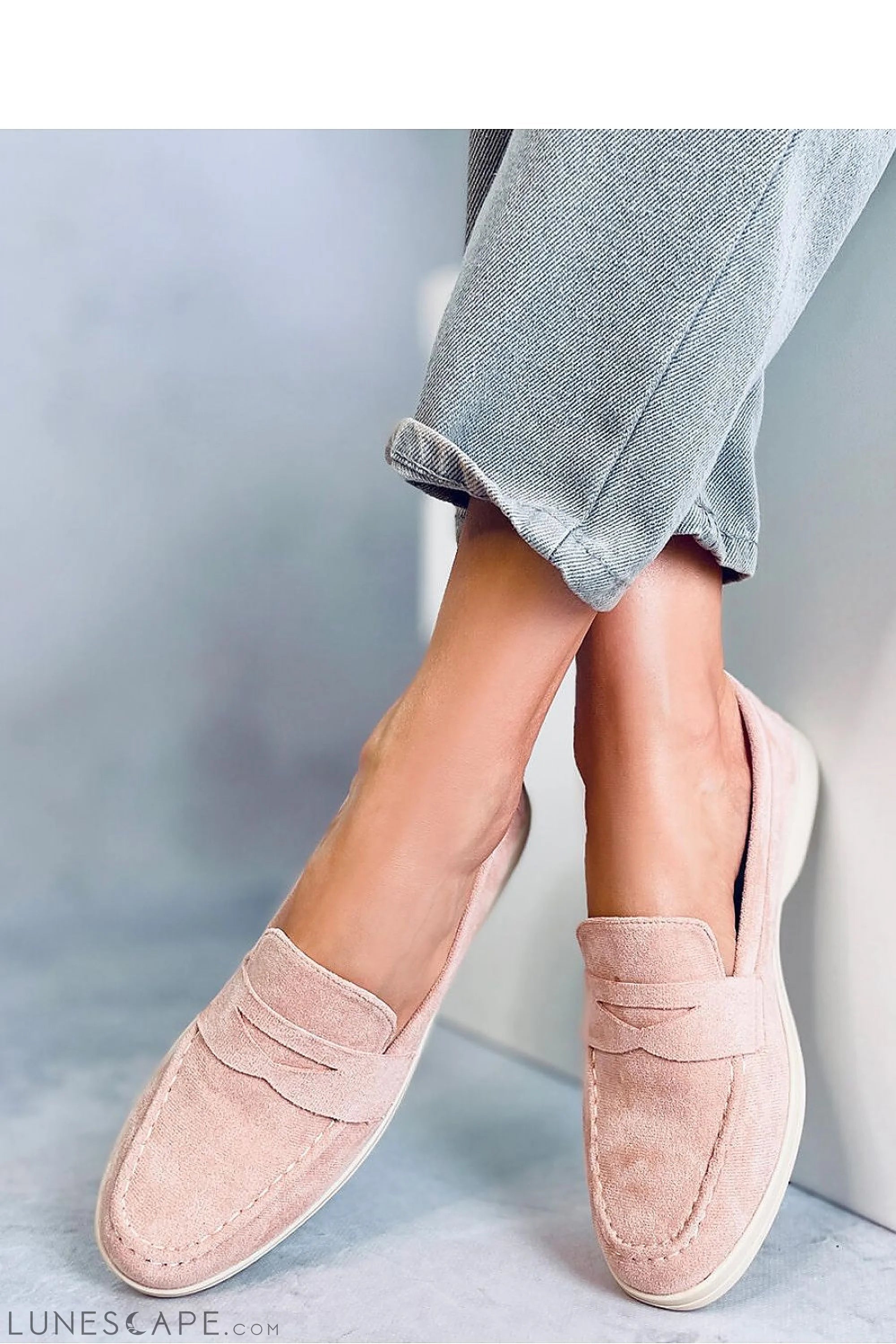 Pink Eco-Suede Penny Bar Almond Toe Women’s Loafers LUNESCAPE