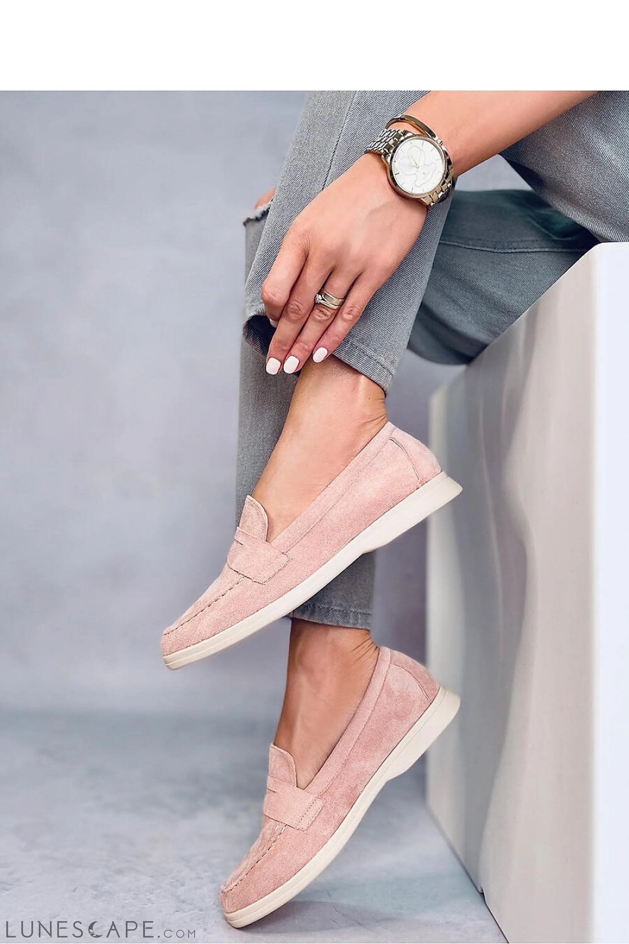 Pink Eco-Suede Penny Bar Almond Toe Women’s Loafers LUNESCAPE